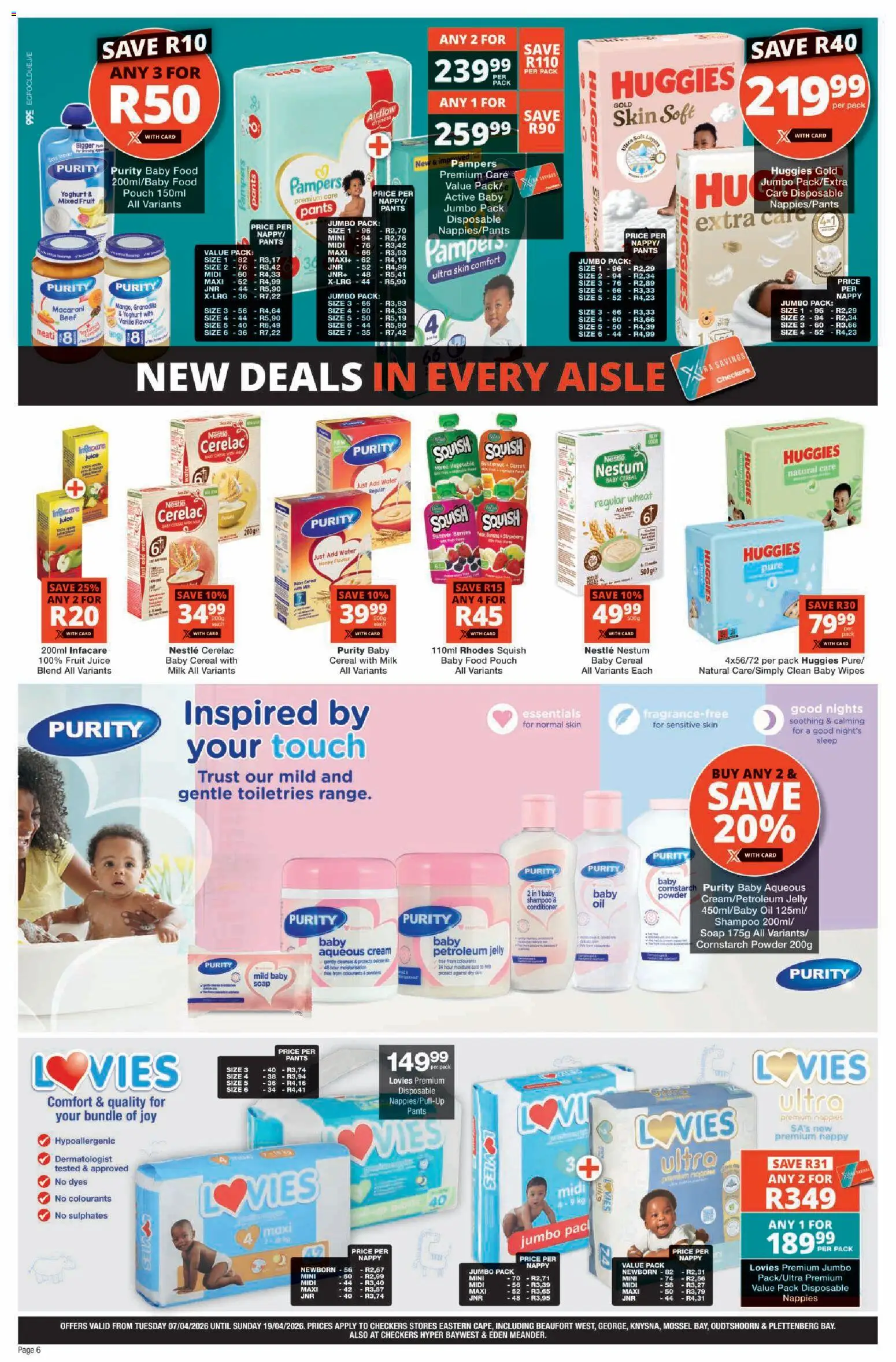 New Checkers catalogue – valid from 07.04.2026 | Page: 6 | Products: Pants, Water, Petroleum jelly, Nappies