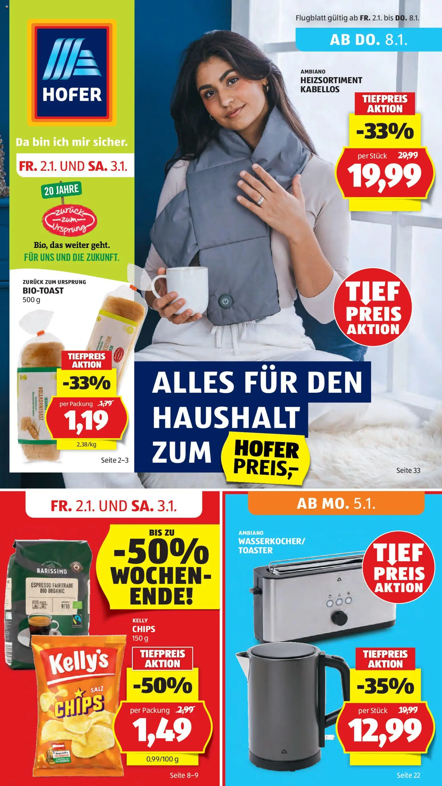 Hofer Flugblatt gültig ab 02.01.2026 | Seite: 1 | Produkte: Chips, Salz, Toaster