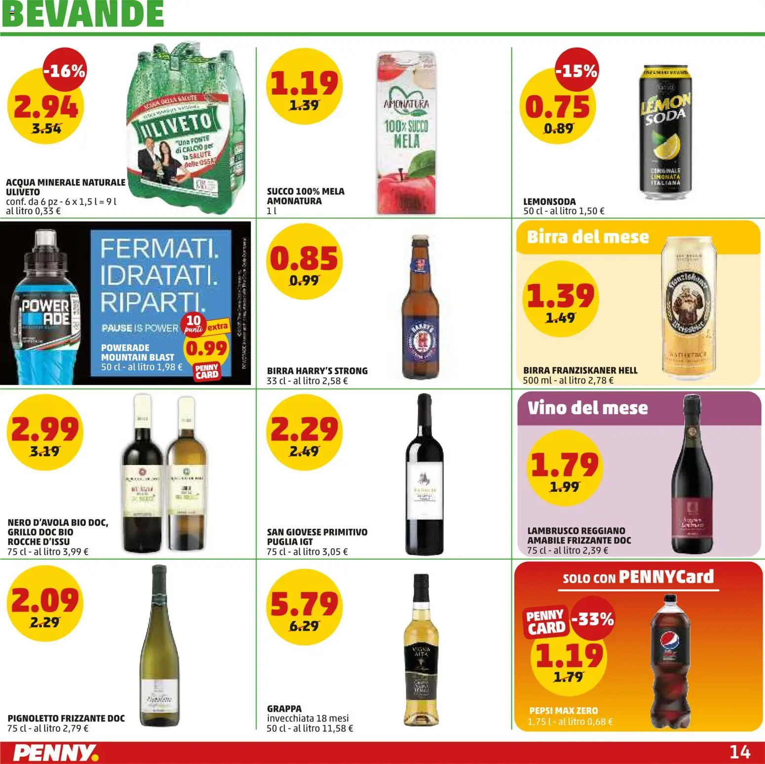 Volantino PENNY del 02.01.2026 | Pagina: 14 | Prodotti: Limonata, Acqua minerale, Pepsi, Grappa