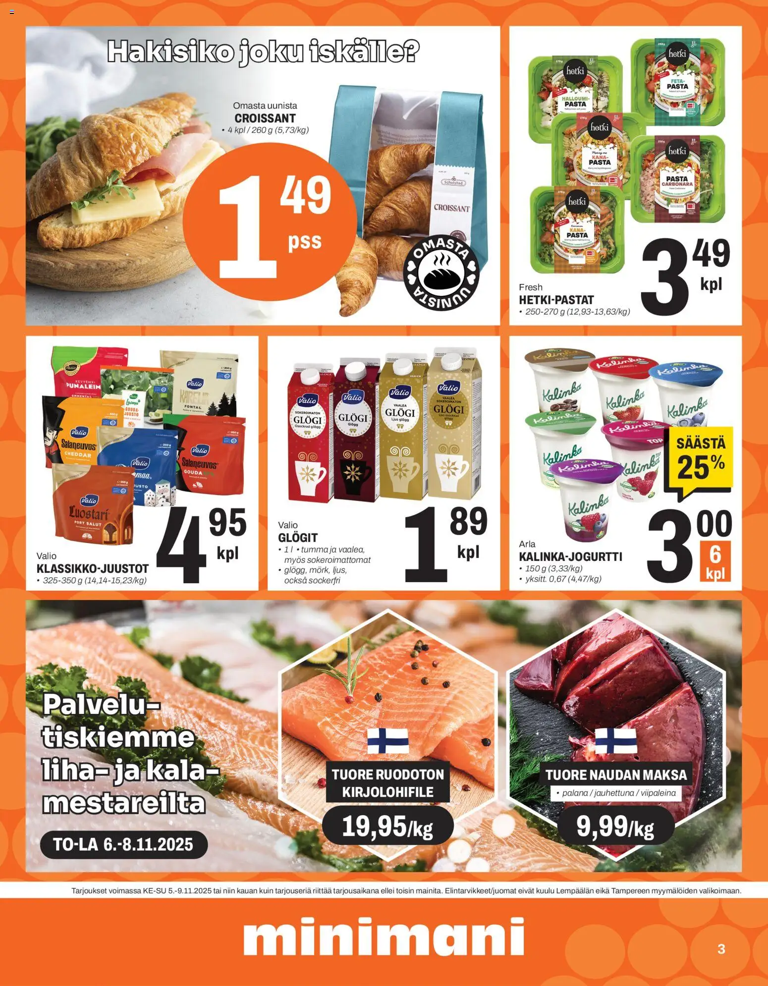 Minimani tarjoukset – voimassa 05.11.2025 alkaen | Sivu: 3 | Tuotteet: Cheddar, Juusto, Kala, Pasta