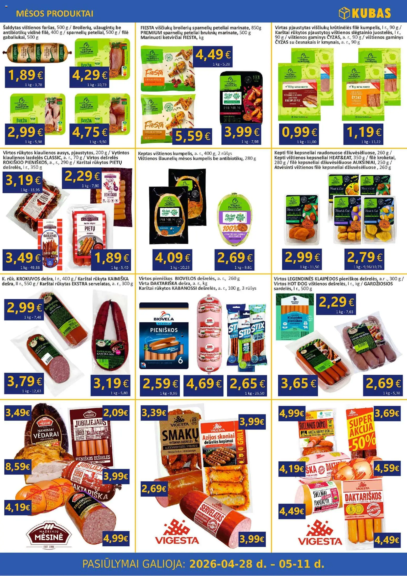 Kubas akcijos nuo 28.04.2026 | Puslapis: 2 | Prekių: Vištienos, Kiaulienos, Dešrelės, Saliamis