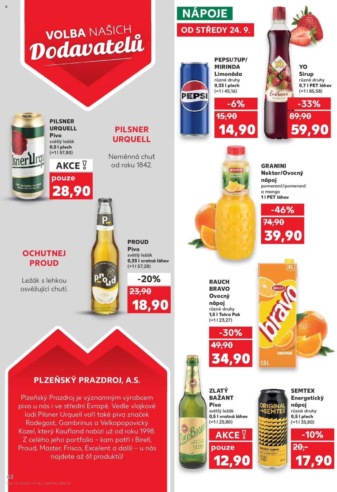 Kaufland leták od 24.09.2025 | Strana: 42 | Produkty: Pivo, Pilsner, Energetický nápoj, Granini