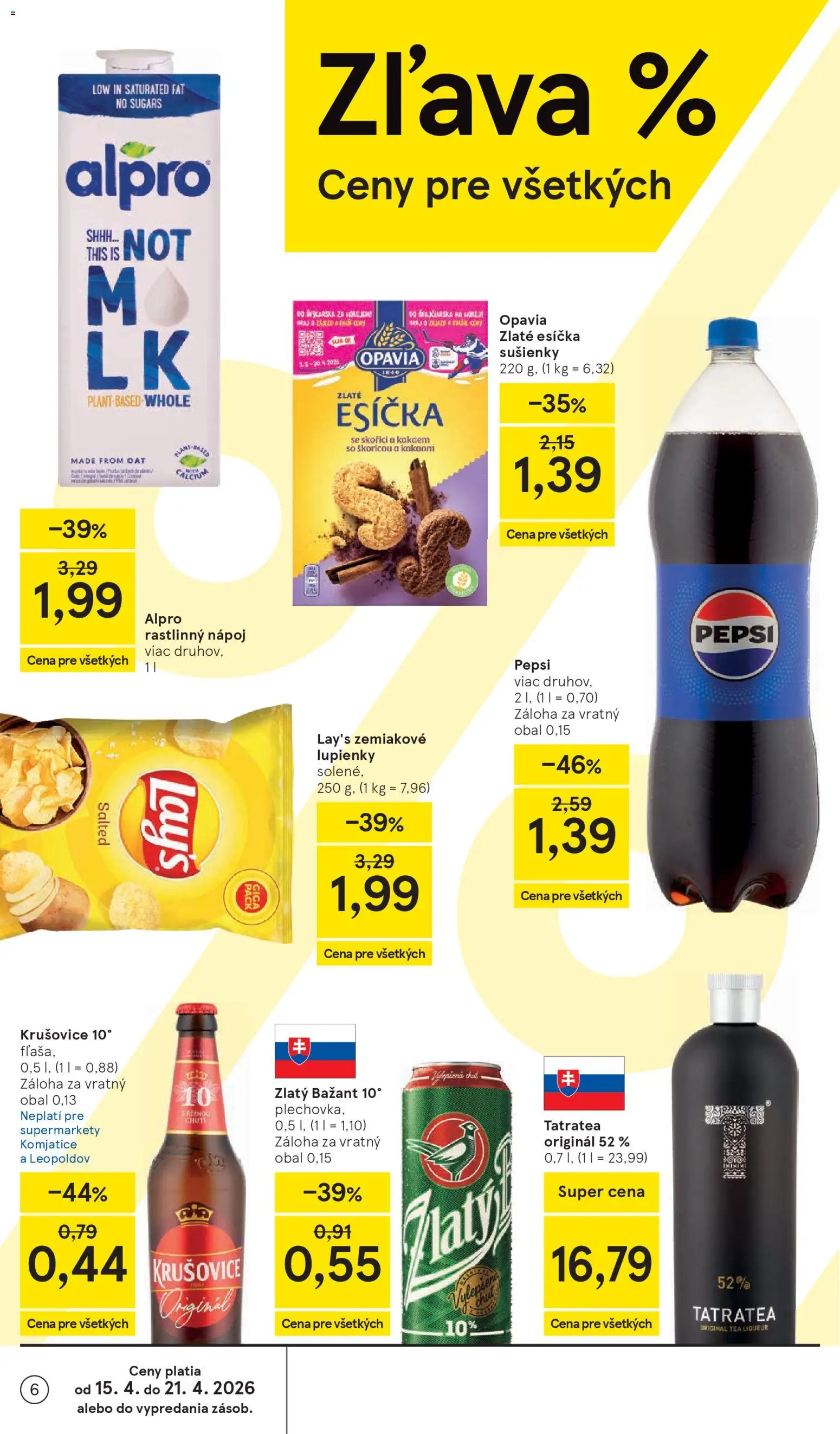 Nové Tesco akcie – leták je platný od 15.04.2026 | Strana: 6 | Produkty: Krušovice, Zlatý Bažant, Pepsi, Alpro