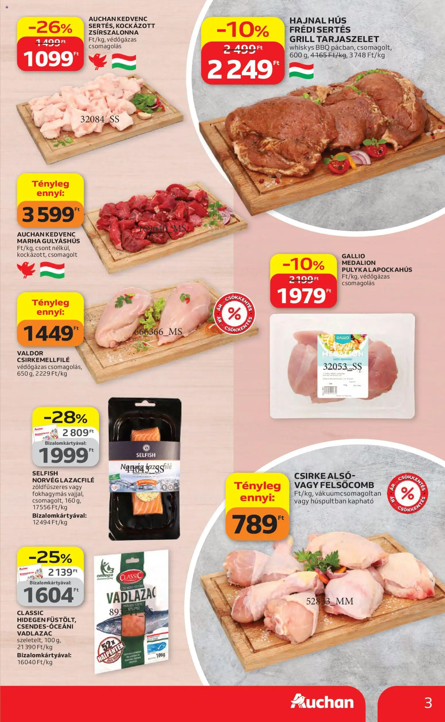 Auchan akciós ujság - amely érvényes a következő dátumtól: 23.04.2026 | Oldal: 3 | Termékek: Hús, Grill, Lazacfilé