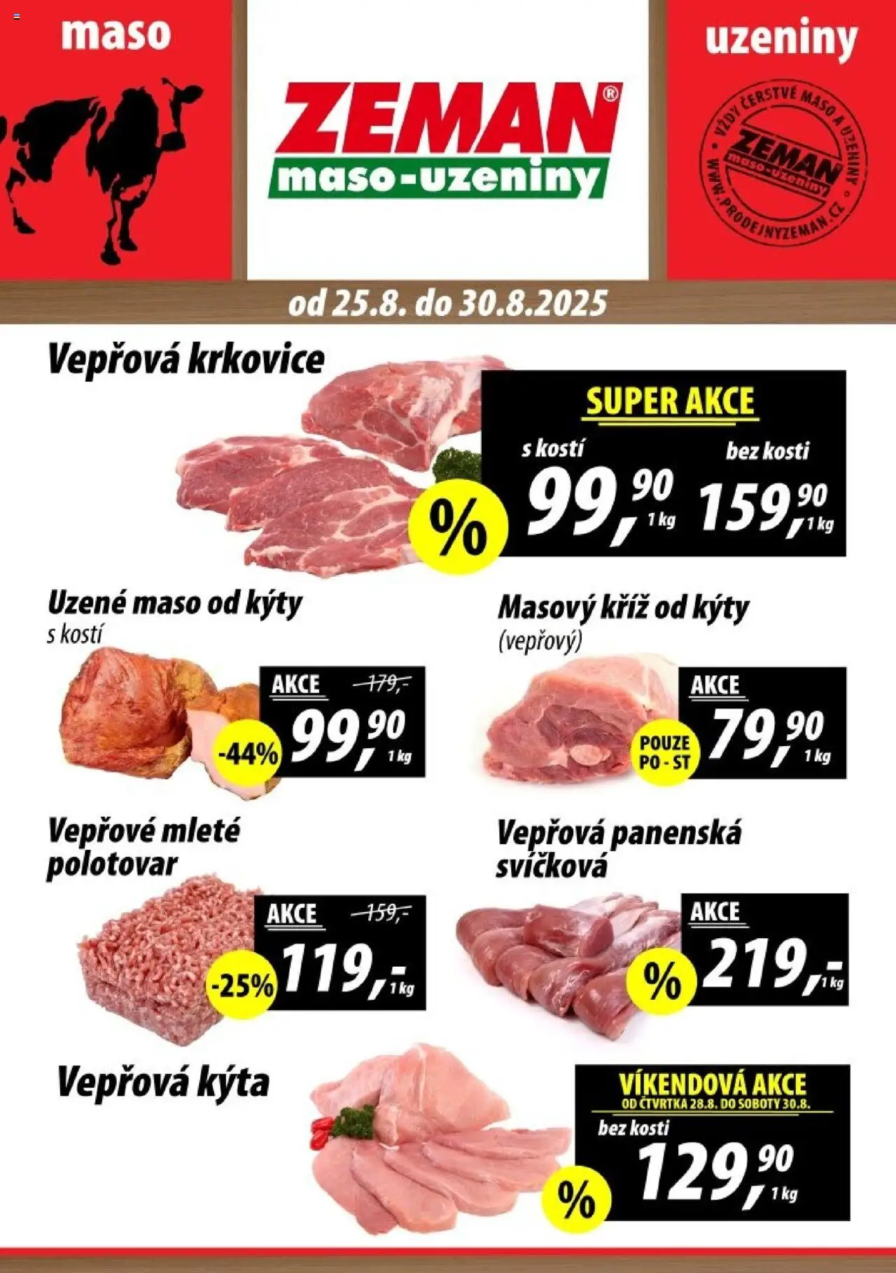 Prodejny Zeman leták - Praha od 25.08.2025 | Strana: 1 | Produkty: Uzené maso, Maso, Vepřová Kýta, Kýta