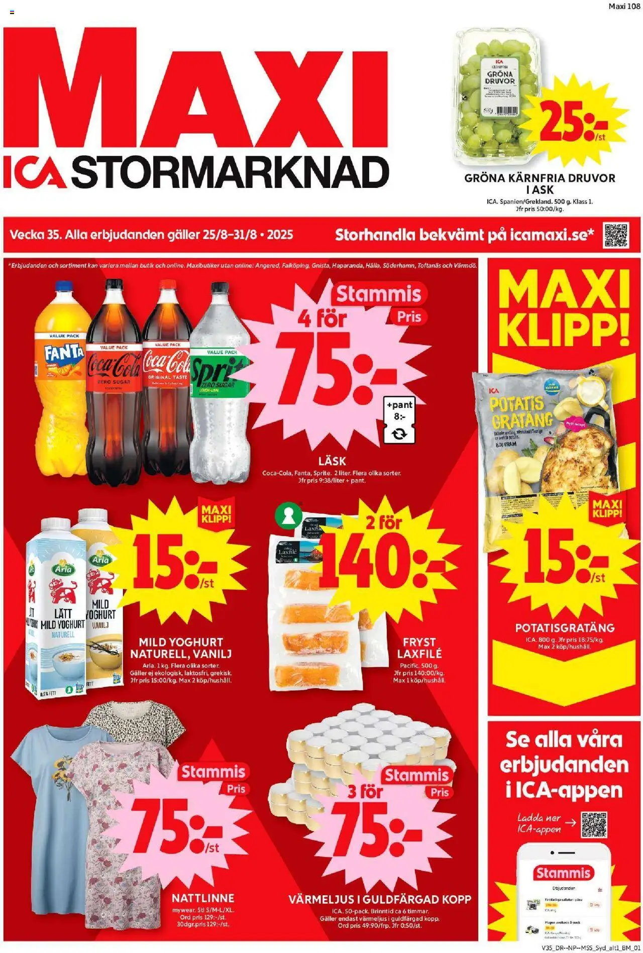 ICA Maxi reklamblad aktuell från 25.08.2025 | Sida: 1 | Produkter: Potatisgratäng, Coca cola, Yoghurt, Potatis