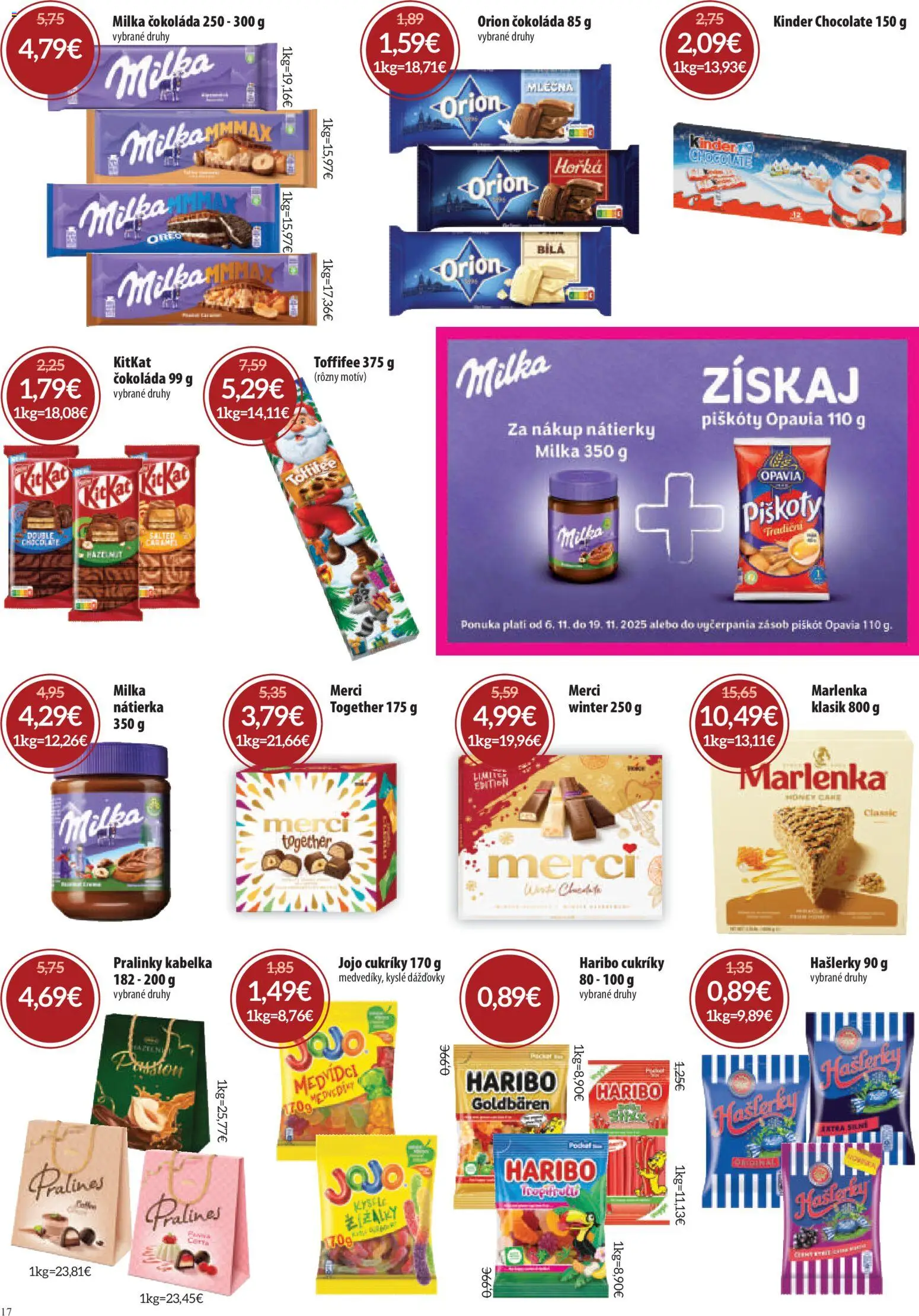 Nové Nitrazdroj akcie – leták je platný od 06.11.2025 | Strana: 17 | Produkty: Merci, Kinder, Cukríky, Marlenka