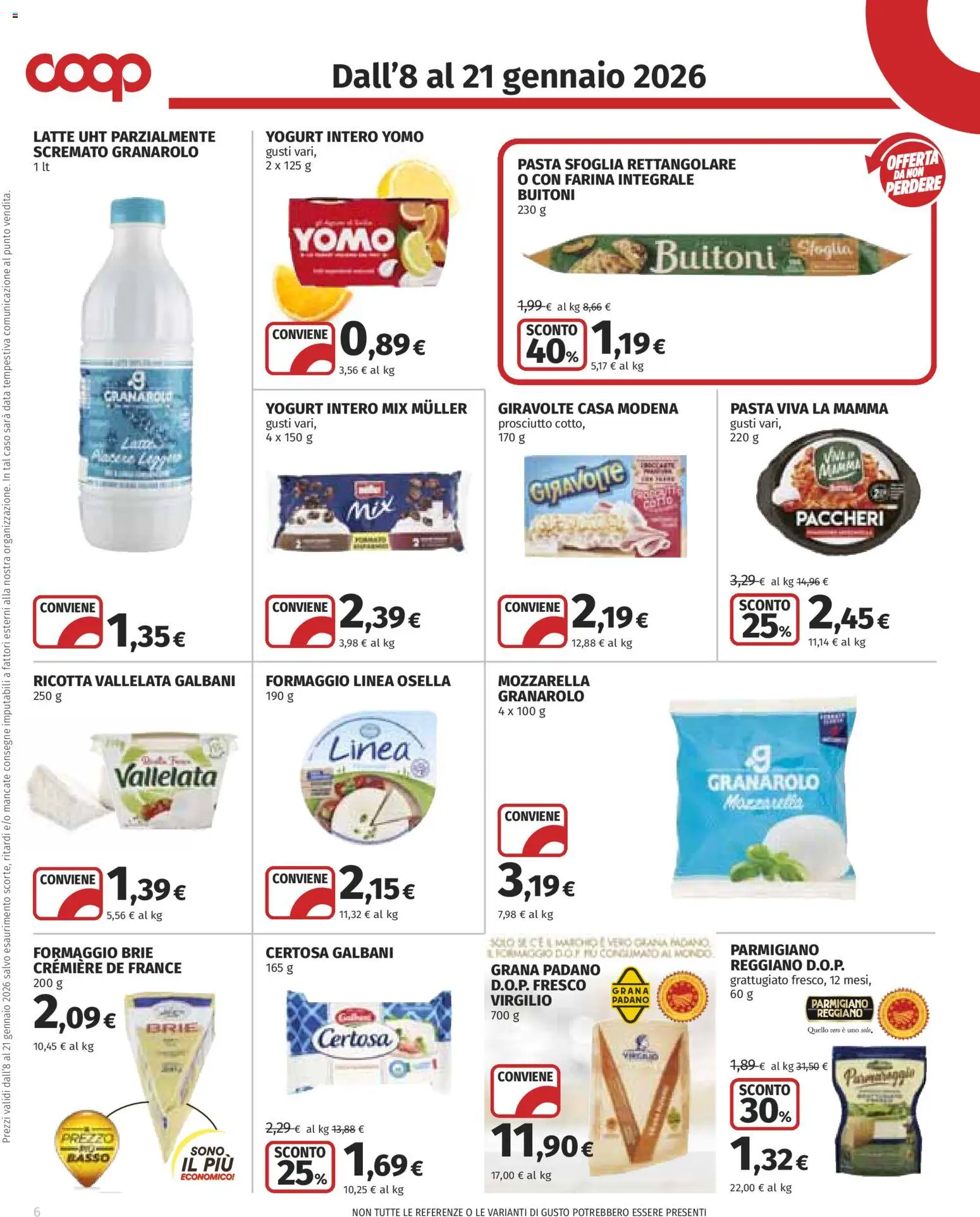 Volantino COOP del 08.01.2026 | Pagina: 6 | Prodotti: Mozzarella, Farina, Pasta, Parmigiano reggiano