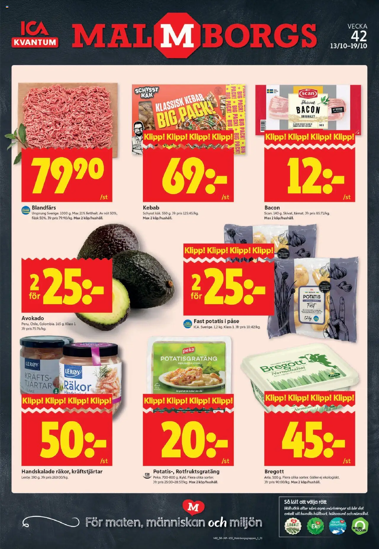ICA Kvantum reklamblad aktuell från 13.10.2025 | Sida: 1 | Produkter: Bacon, Bregott, Blandfärs, Fläsk