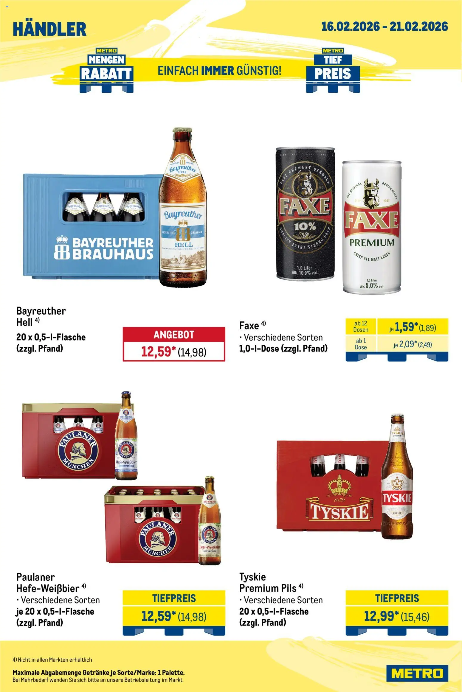 Metro Wochen-Angebote Händler – gültig ab 16.02.2026 | Seite: 4 | Produkte: Bayreuther hell, Tyskie, Pils, Paulaner