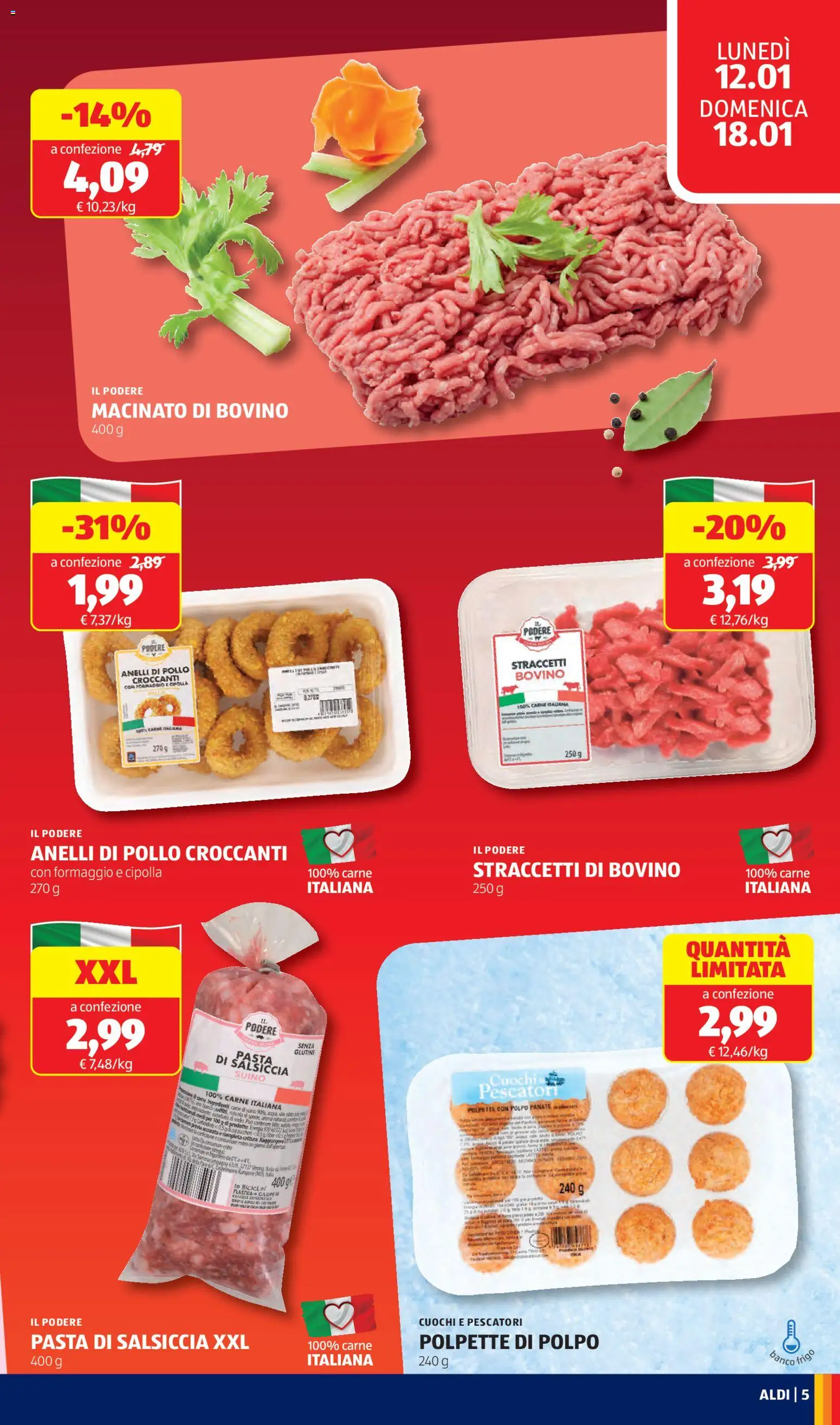 Volantino Aldi del 12.01.2026 | Pagina: 5 | Prodotti: Sale, Formaggio, Salsiccia, Macinato