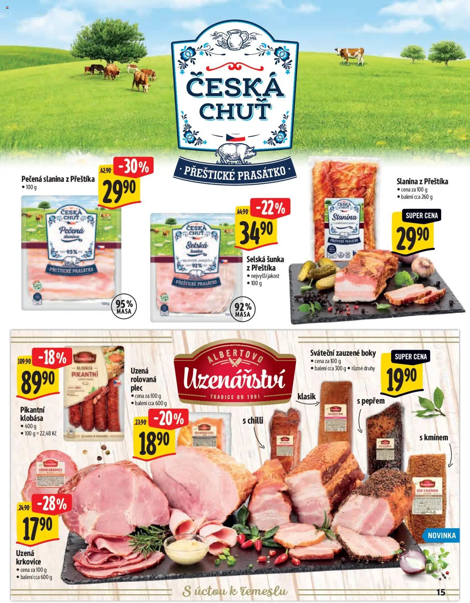 Albert katalog - Hypermarket od 25.03.2026 | Strana: 15 | Produkty: Šunka, Klobása, Krkovice, Uzená krkovice