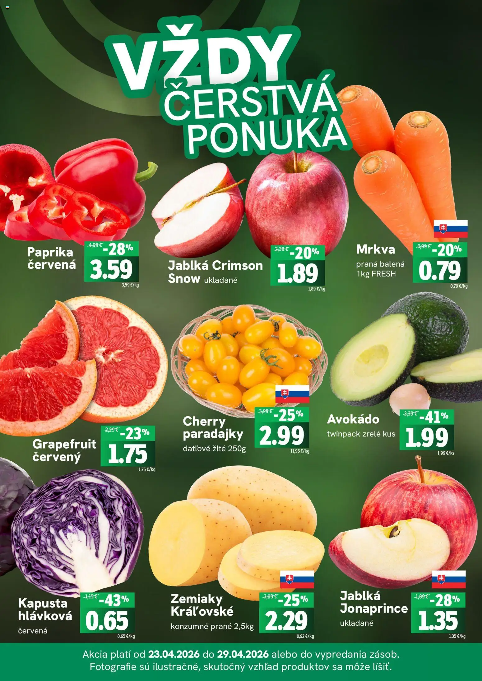 Nové Fresh akcie – leták je platný od 23.04.2026 | Strana: 3 | Produkty: Paprika, Jablká, Paradajky, Zemiaky