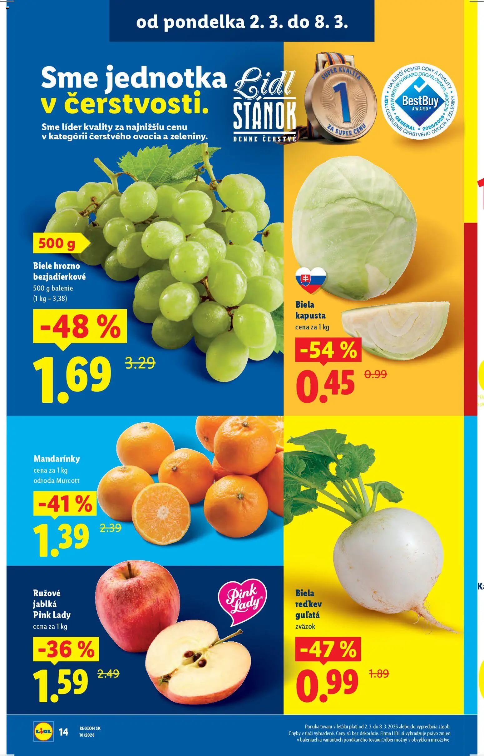 Nové Lidl akcie – leták je platný od 02.03.2026 | Strana: 14 | Produkty: Kapusta, Jablká, Mandarinky, Hrozno
