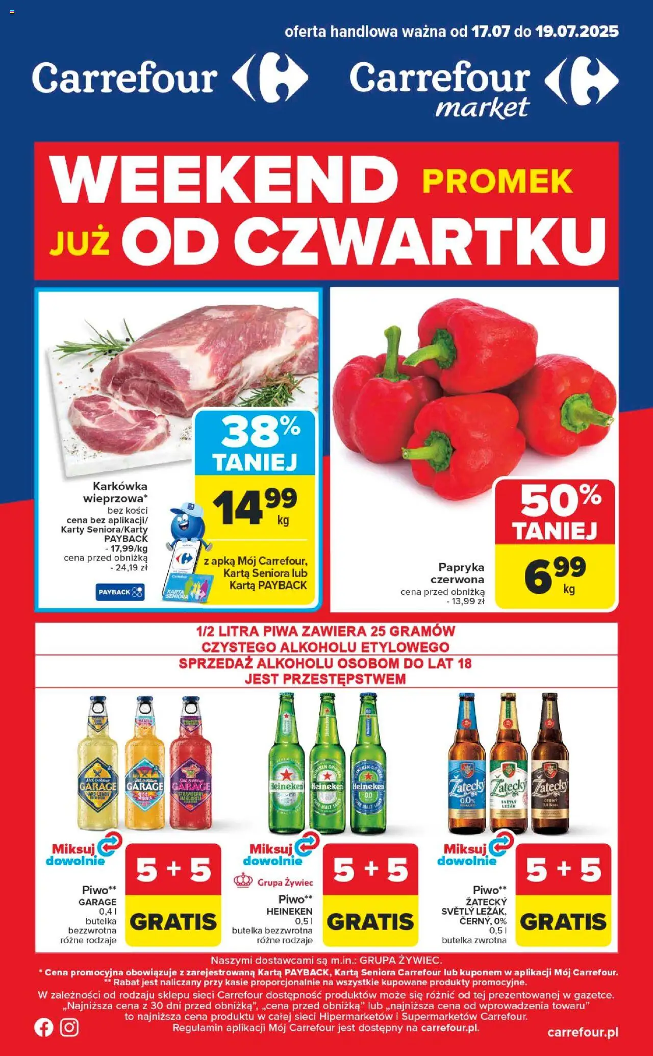Carrefour Gazetka - Weekend promek już od czwartku od 17.07.2025 | Strona: 1 | Produkty: Karkówka, Papryka, Piwo, Heineken