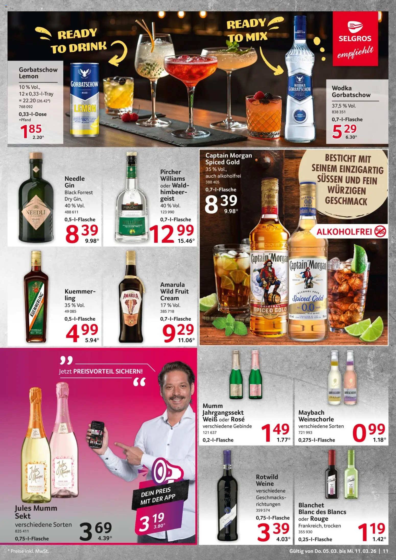 Selgros Prospekt 	 – gültig ab 05.03.2026 | Seite: 11 | Produkte: Jules mumm, Kuemmerling, Captain morgan, Wodka gorbatschow