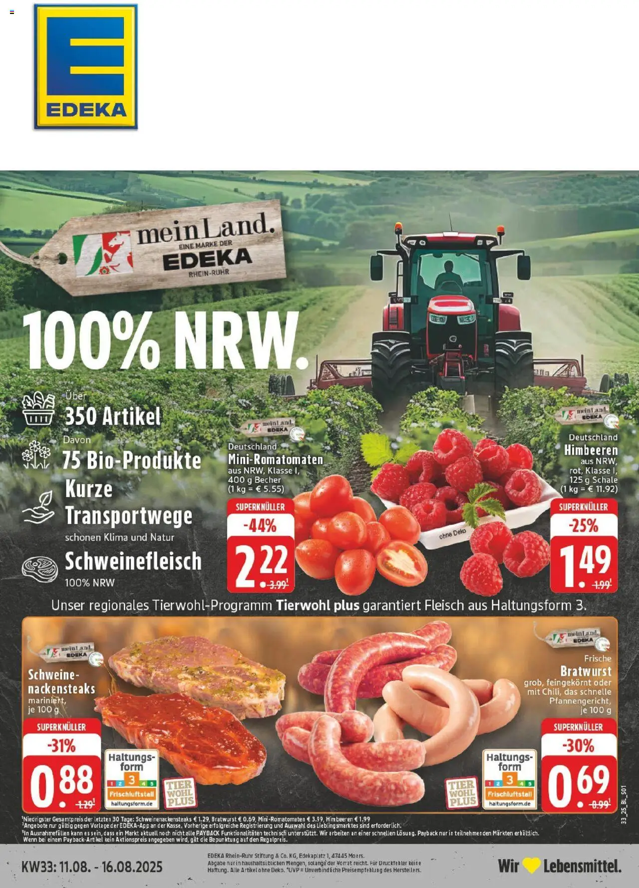 Edeka prospekt Willich	 - gültig ab dem 11.08.2025 | Seite: 1 | Produkte: Himbeeren, Nackensteaks, Bratwurst, Fleisch