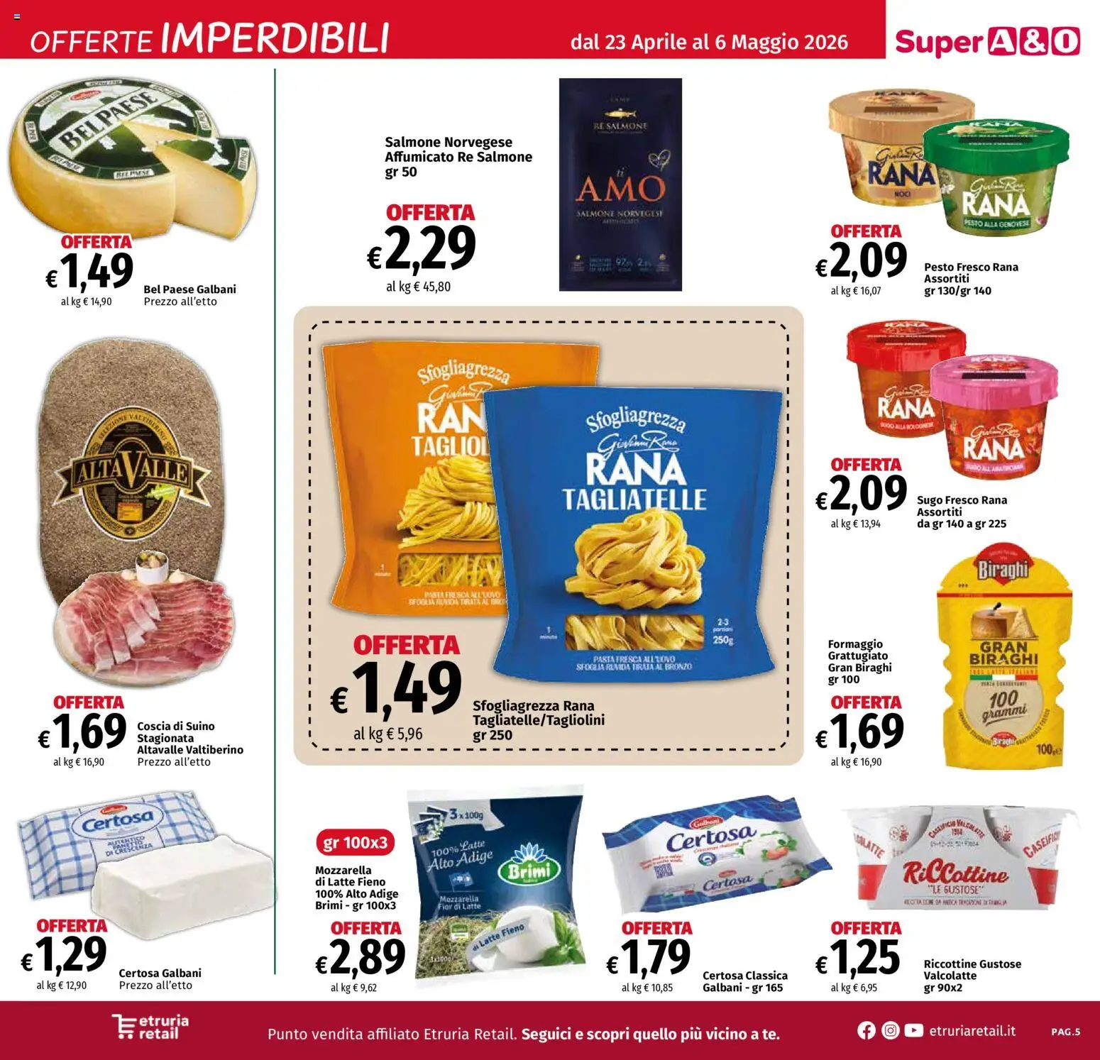 Volantino A&O del 23.04.2026 | Pagina: 5 | Prodotti: Salmone, Tagliatelle, Mozzarella, Latte