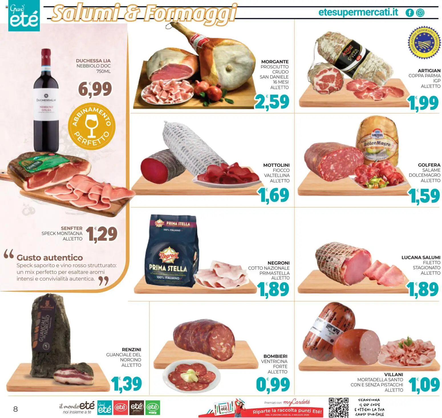 Volantino Eté del 27.02.2026 | Pagina: 8 | Prodotti: Speck, Prosciutto, Vino, Mortadella