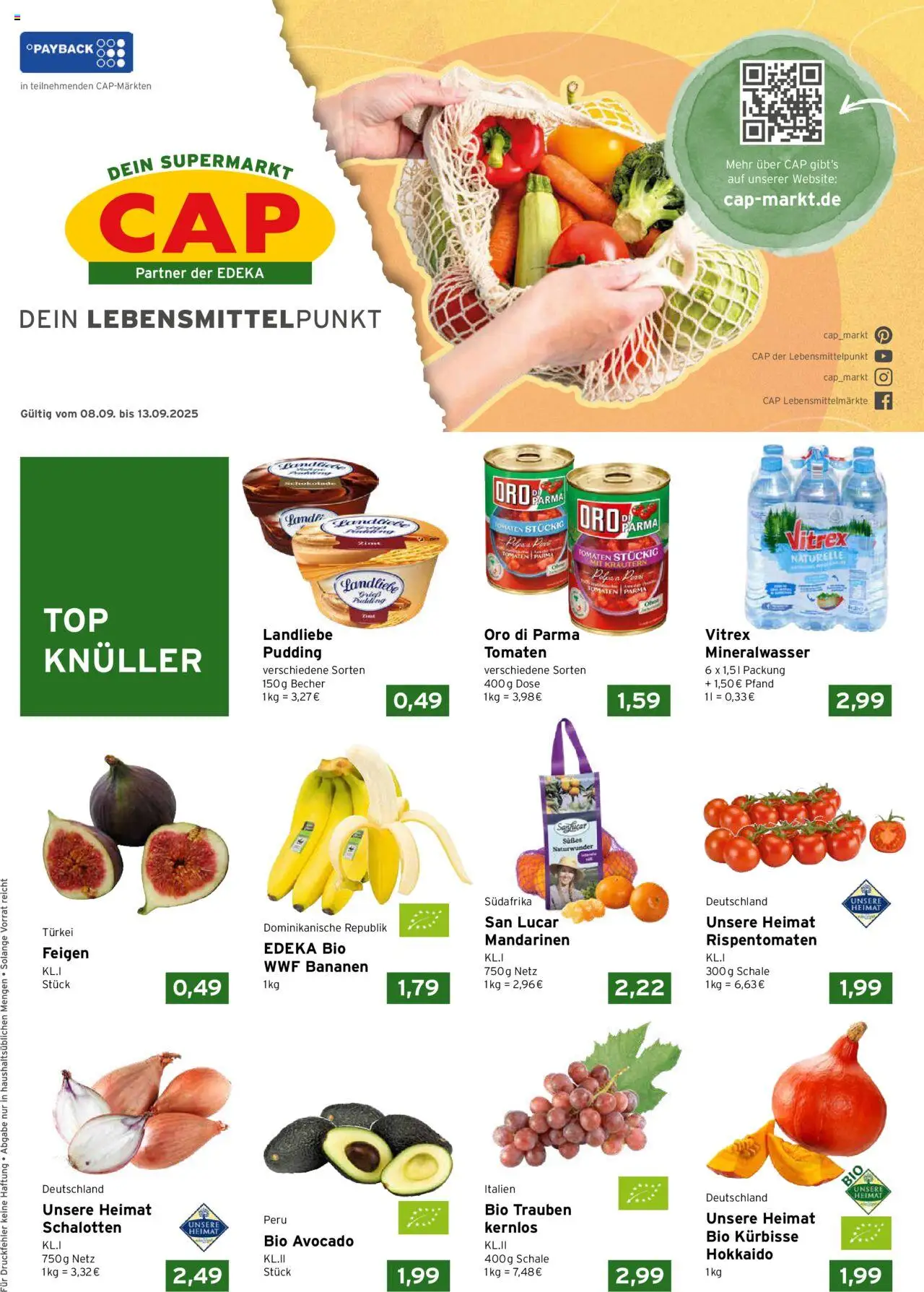 CAP Markt Prospekt – gültig ab 08.09.2025 | Seite: 1 | Produkte: Trauben, Bananen, Pudding, Avocado