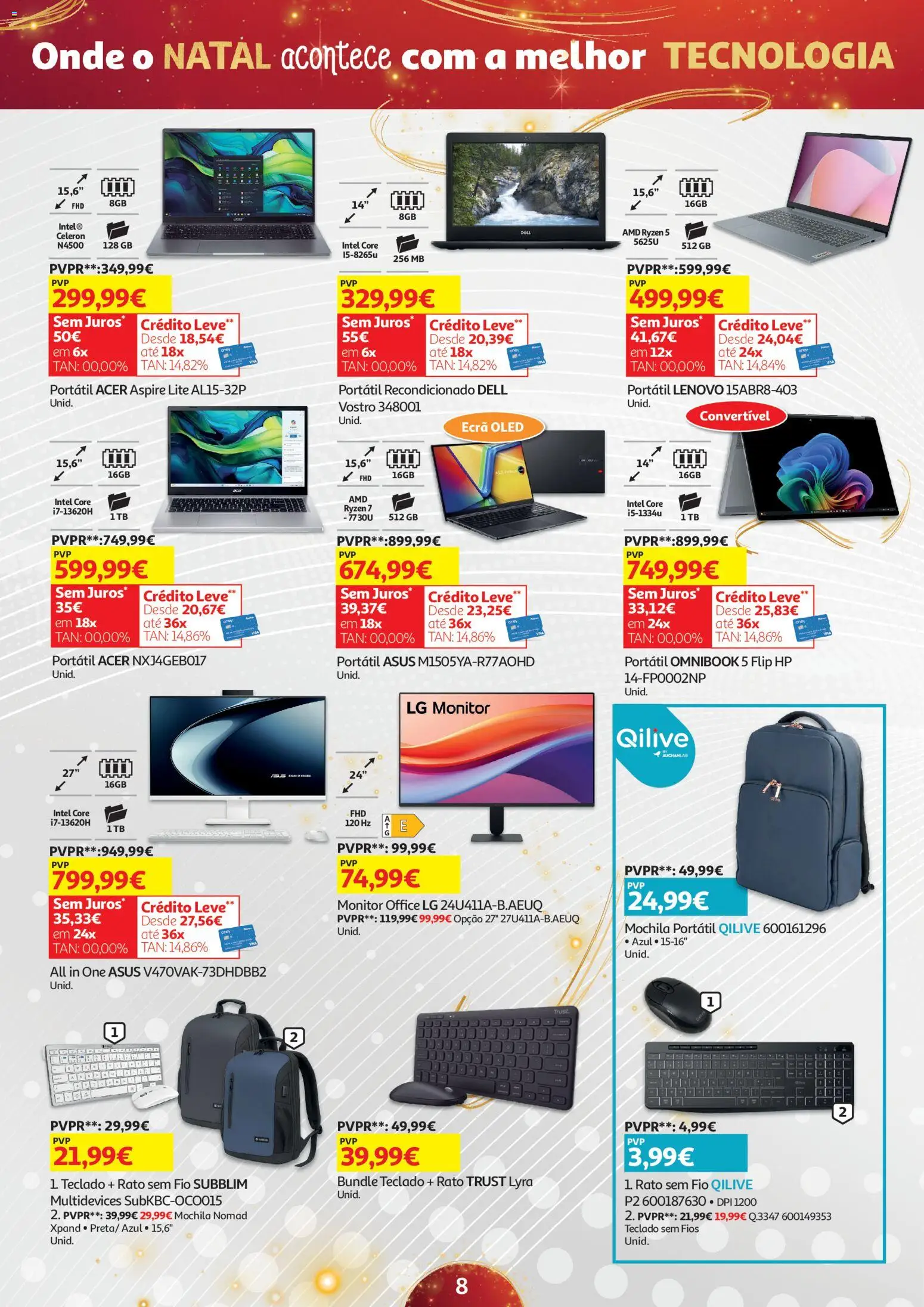 Auchan - Onde o Natal acontece com a melhor tecnologia │ válido de 21.11.2025 | Página: 8 | Produtos: Mochila, Monitor, Teclado