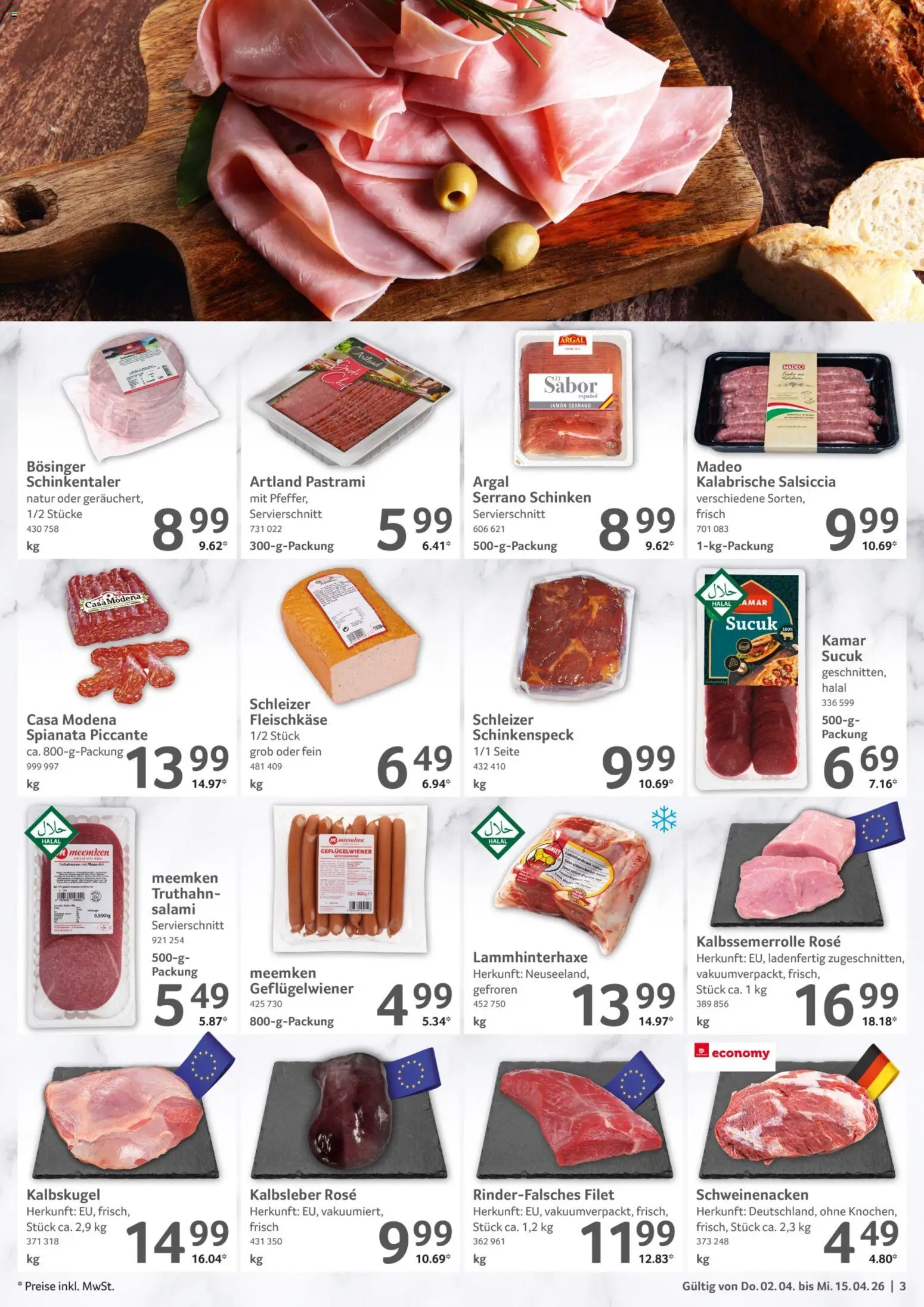 Selgros Gastronomie – gültig ab 02.04.2026 | Seite: 3 | Produkte: Kalbsleber, Serrano schinken, Schinken, Meemken