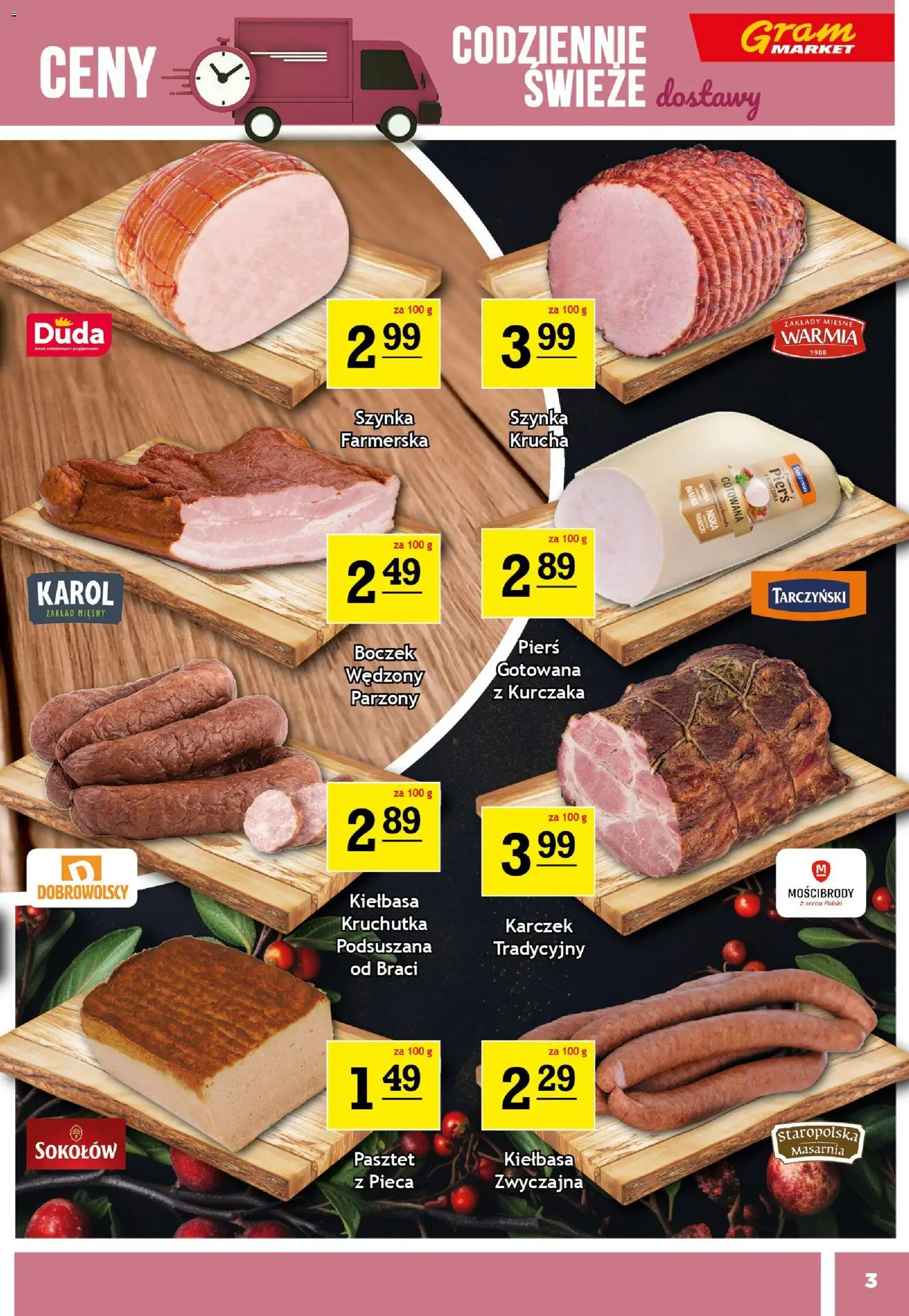 Gram Market Gazetka od 17.12.2025 | Strona: 3 | Produkty: Kiełbasa, Pierś z kurczaka, Szynka, Boczek