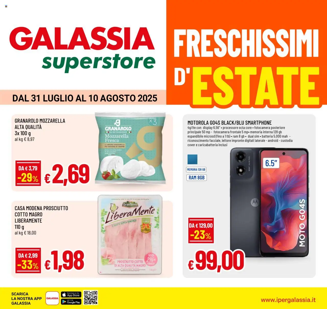 Volantino Galassia del 31.07.2025 | Pagina: 1 | Prodotti: Prosciutto Cotto, Mozzarella, The, Fotocamera
