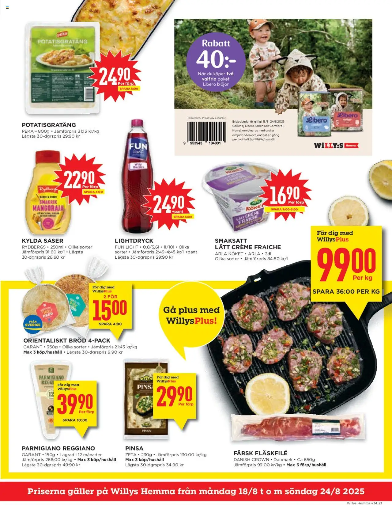 Willys reklamblad aktuell från 18.08.2025 | Sida: 3 | Produkter: Galler, Potatisgratäng, Creme fraiche, Blöjor