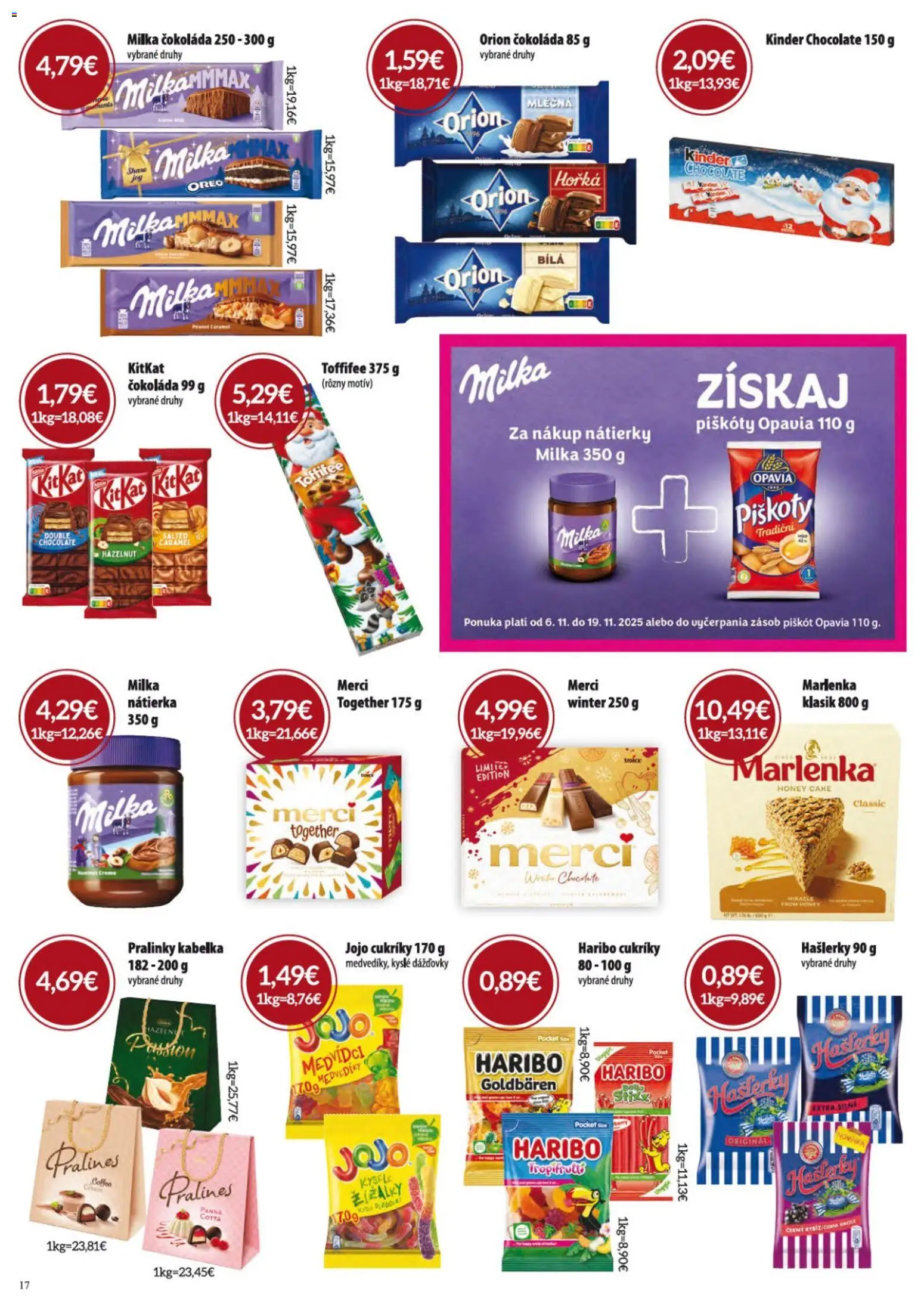 Nové KARMEN CBA akcie – leták je platný od 06.11.2025 | Strana: 17 | Produkty: Kinder, Toffifee, Cukríky, Milka