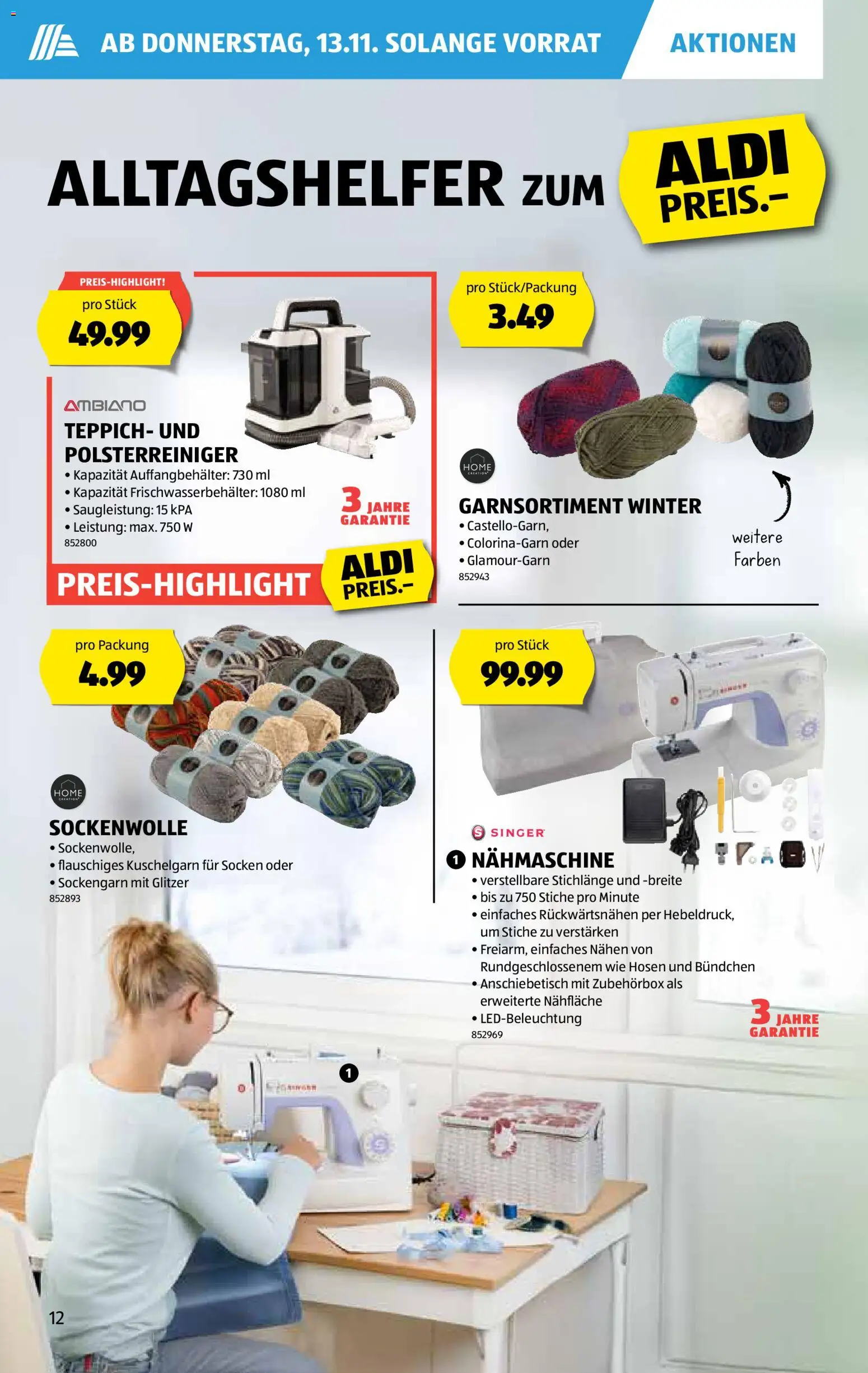 Aldi Aktionen – gültig ab 13.11.2025 | Seite: 13 | Produkte: Nähmaschine, Teppich, Socken
