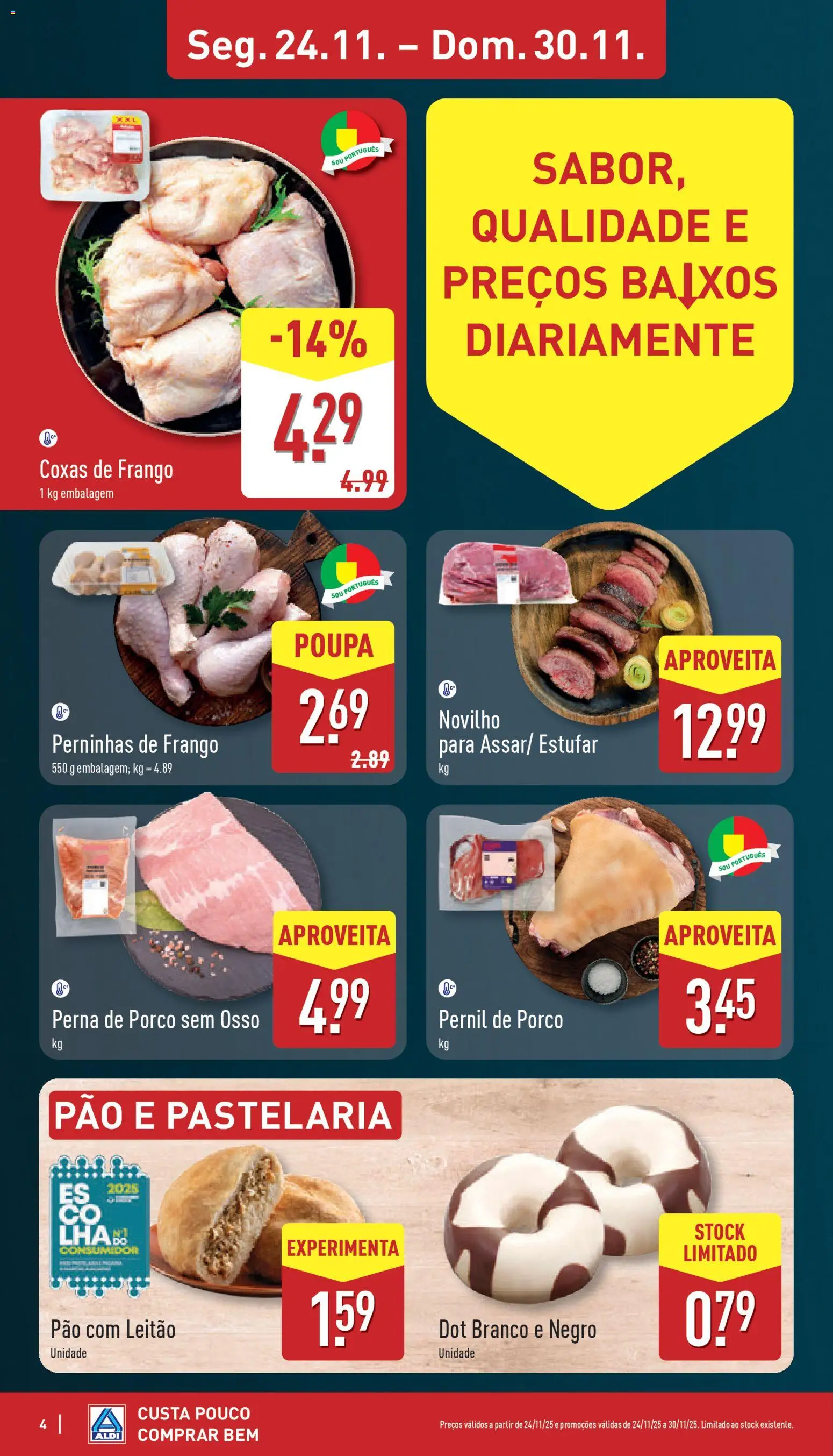 Aldi folheto │ válido de 24.11.2025 | Página: 4 | Produtos: Frango, Pernil, Pão