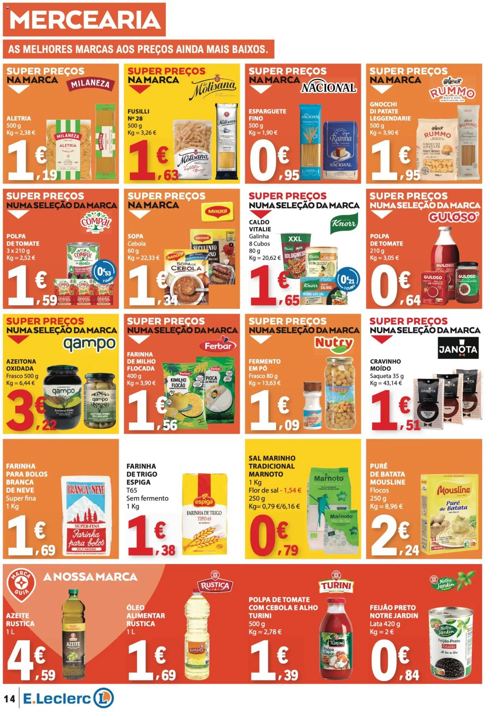 E.Leclerc folheto │ válido de 23.04.2026 | Página: 14 | Produtos: Esparguete, Gnocchi, Óleo, Milho