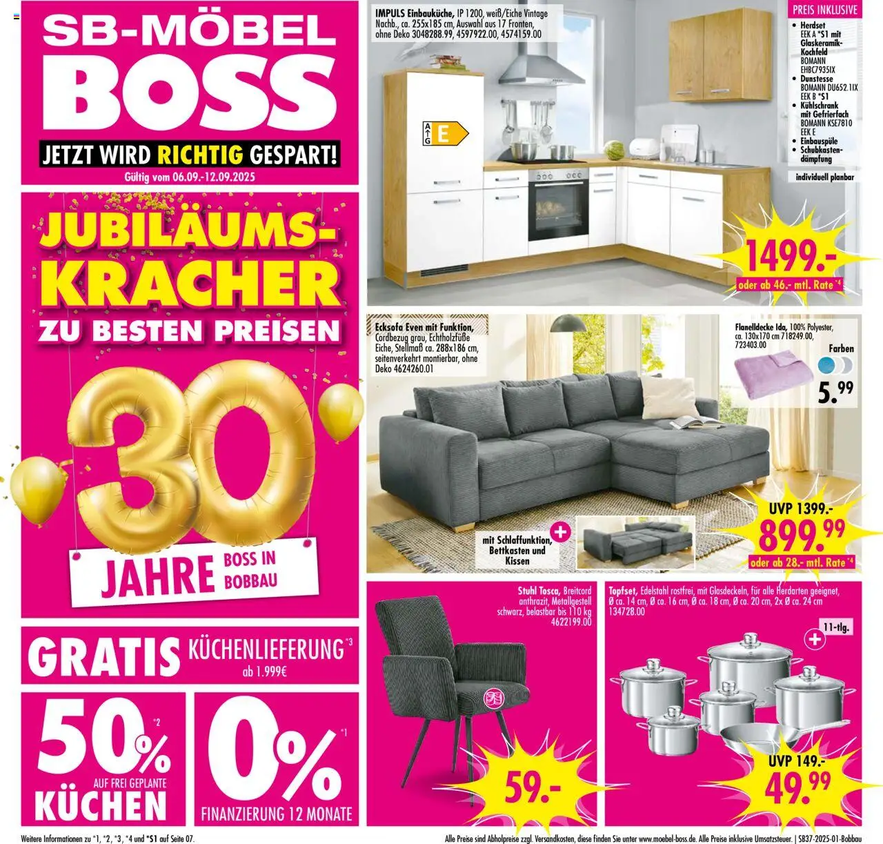 SB Möbel Boss Prospekt Bobbau	 – gültig ab 06.09.2025 | Seite: 1 | Produkte: Ecksofa, Kissen, Kühlschrank, Kochfeld