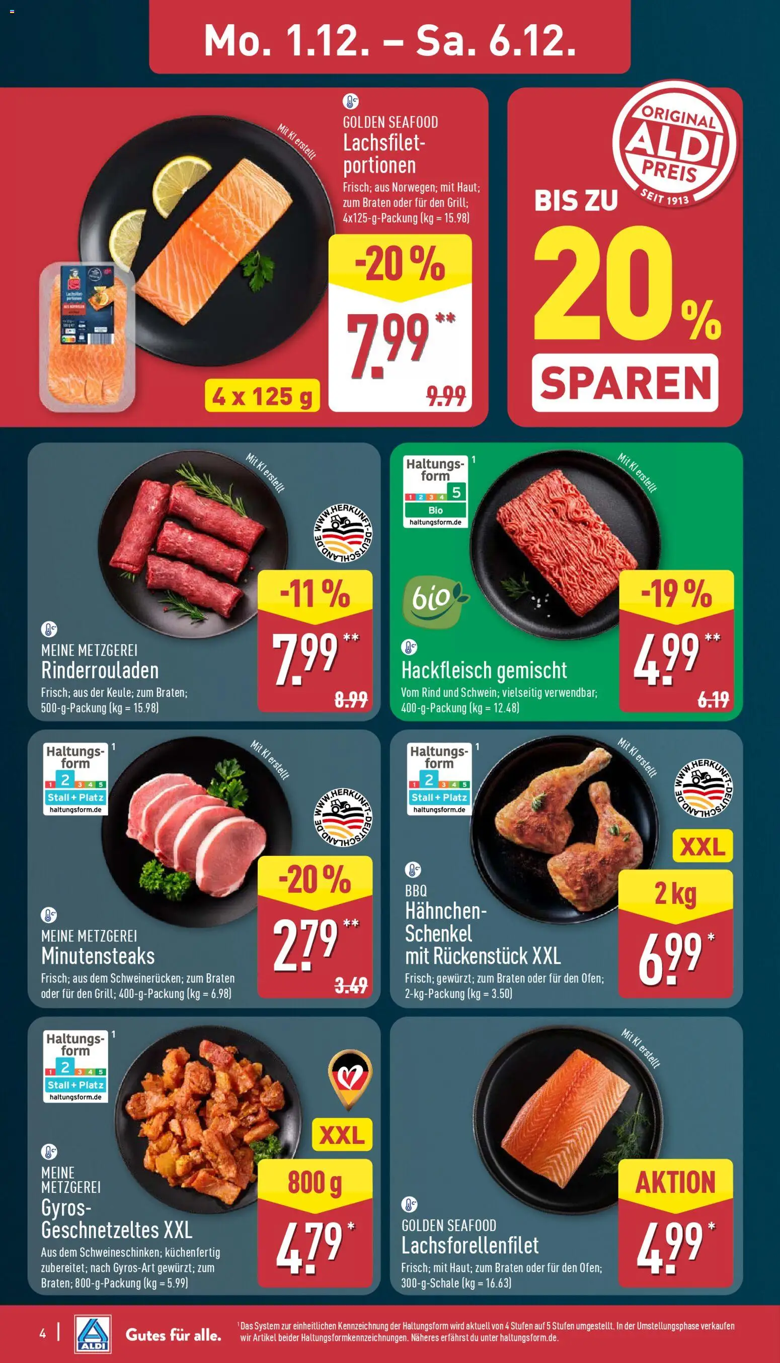 Aldi Prospekt 	 – gültig ab 01.12.2025 | Seite: 4 | Produkte: Rinderrouladen, Hahnchen, Gyros, Hackfleisch