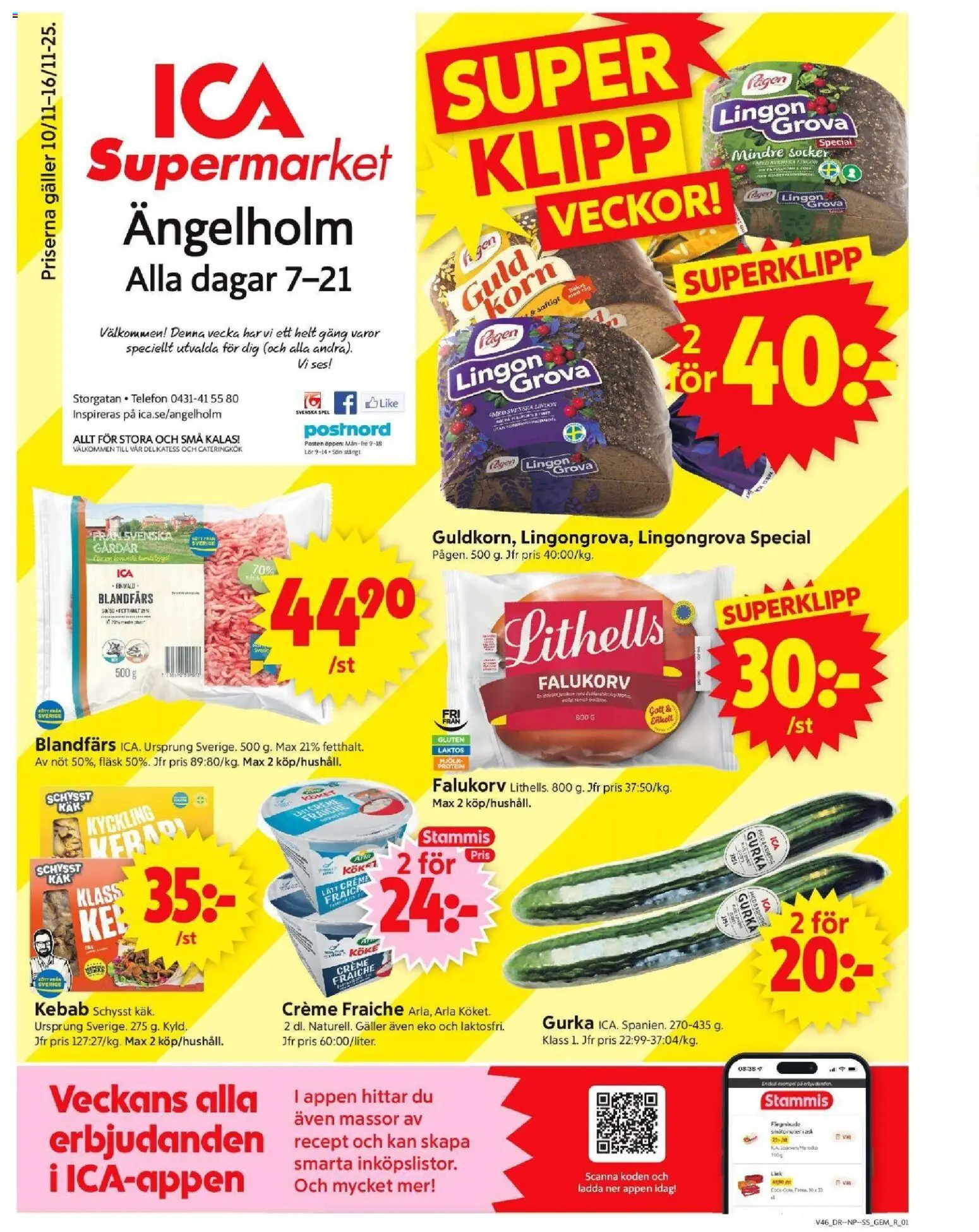 ICA Supermarket reklamblad aktuell från 10.11.2025 | Sida: 1 | Produkter: Galler, Blandfärs, Mjölk, Telefon