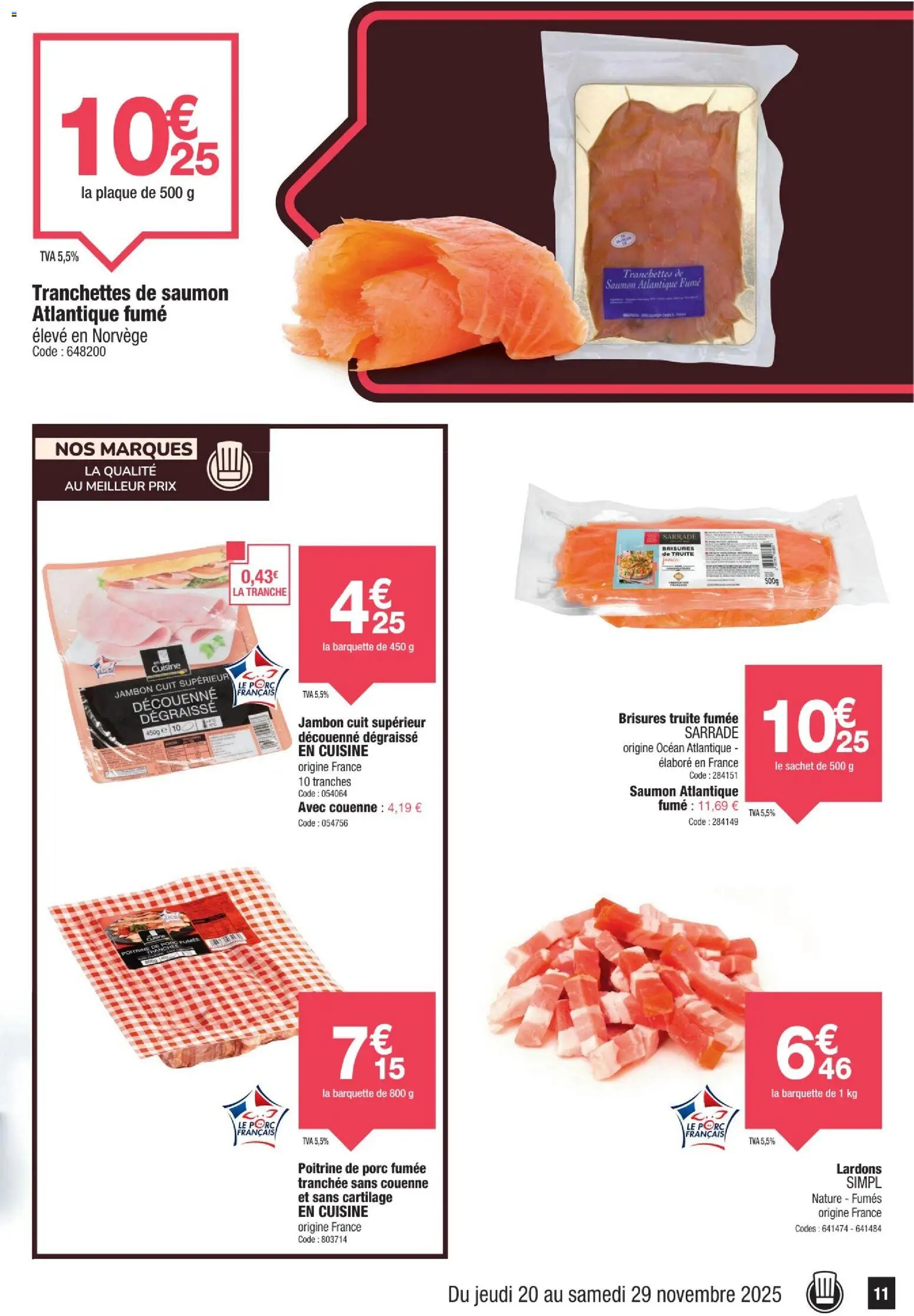 {H1} | Page: 11 | Produits: Lardons, Jambon, Porc, Saumon