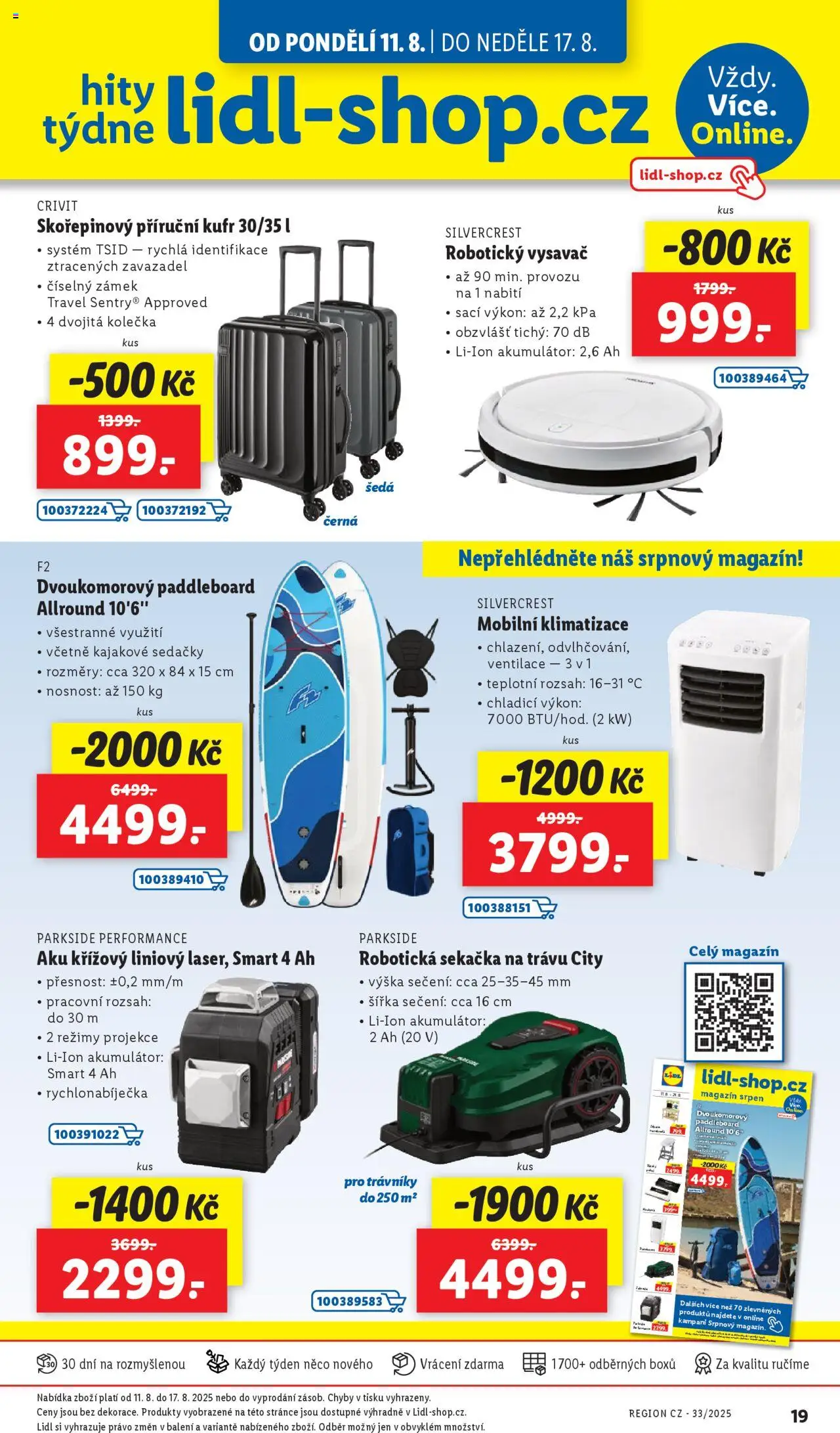 Lidl leták - Hity týdne od 11.08.2025 | Strana: 1 | Produkty: Parkside, Paddleboard, Sekačka, Robotický vysavač