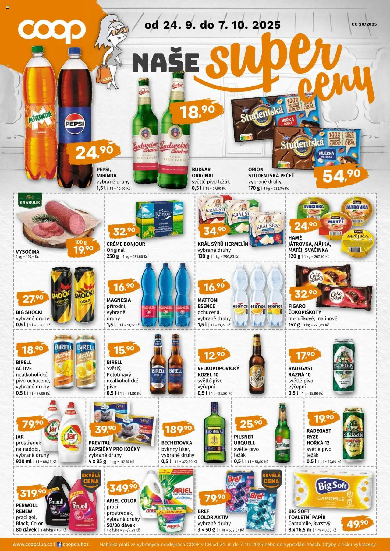 Coop leták - Super cena od 24.09.2025 | Strana: 1 | Produkty: Mattoni, Kapsičky pro kočky, Radegast, Big Shock