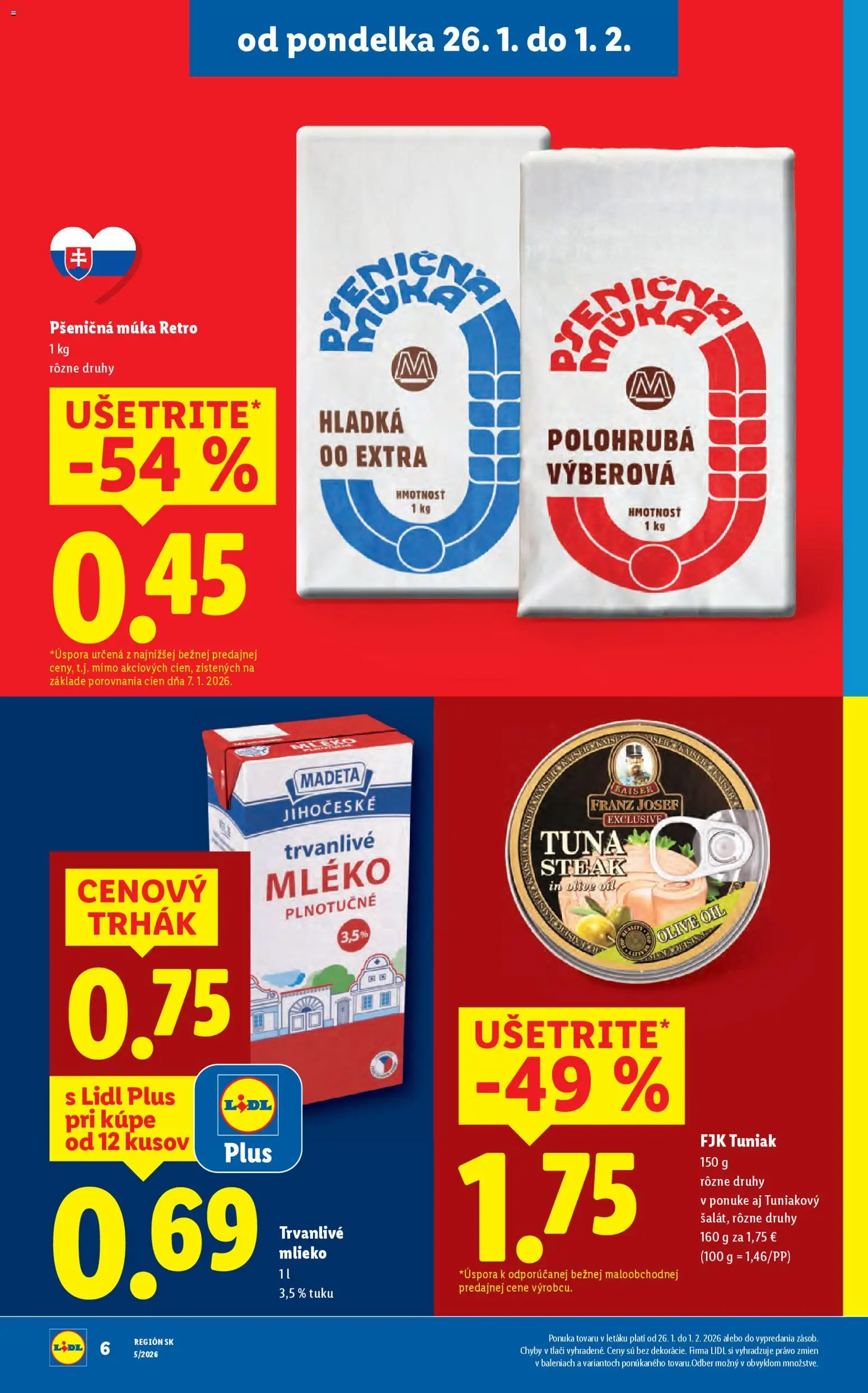 Nové Lidl akcie – leták je platný od 29.01.2026 | Strana: 7 | Produkty: Mlieko, Tuniak, Múka, Steak