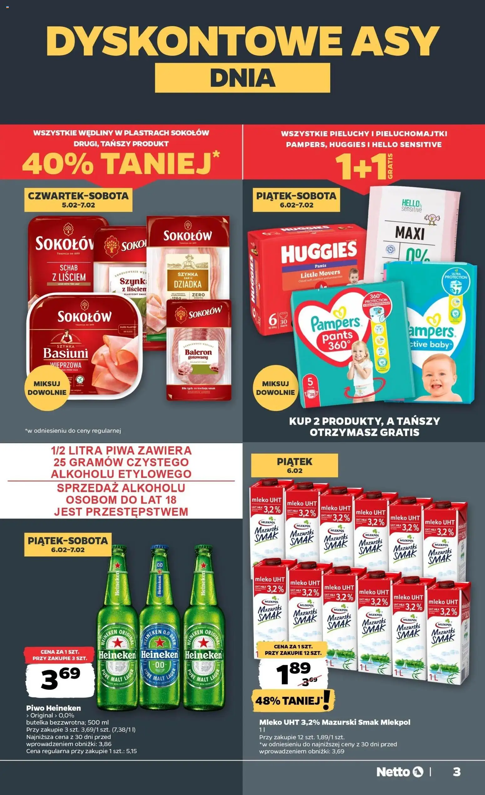 Netto gazetka - Spożywcza od 05.02.2026 | Strona: 3 | Produkty: Pieluchomajtki, Wędliny, Piwo, Heineken