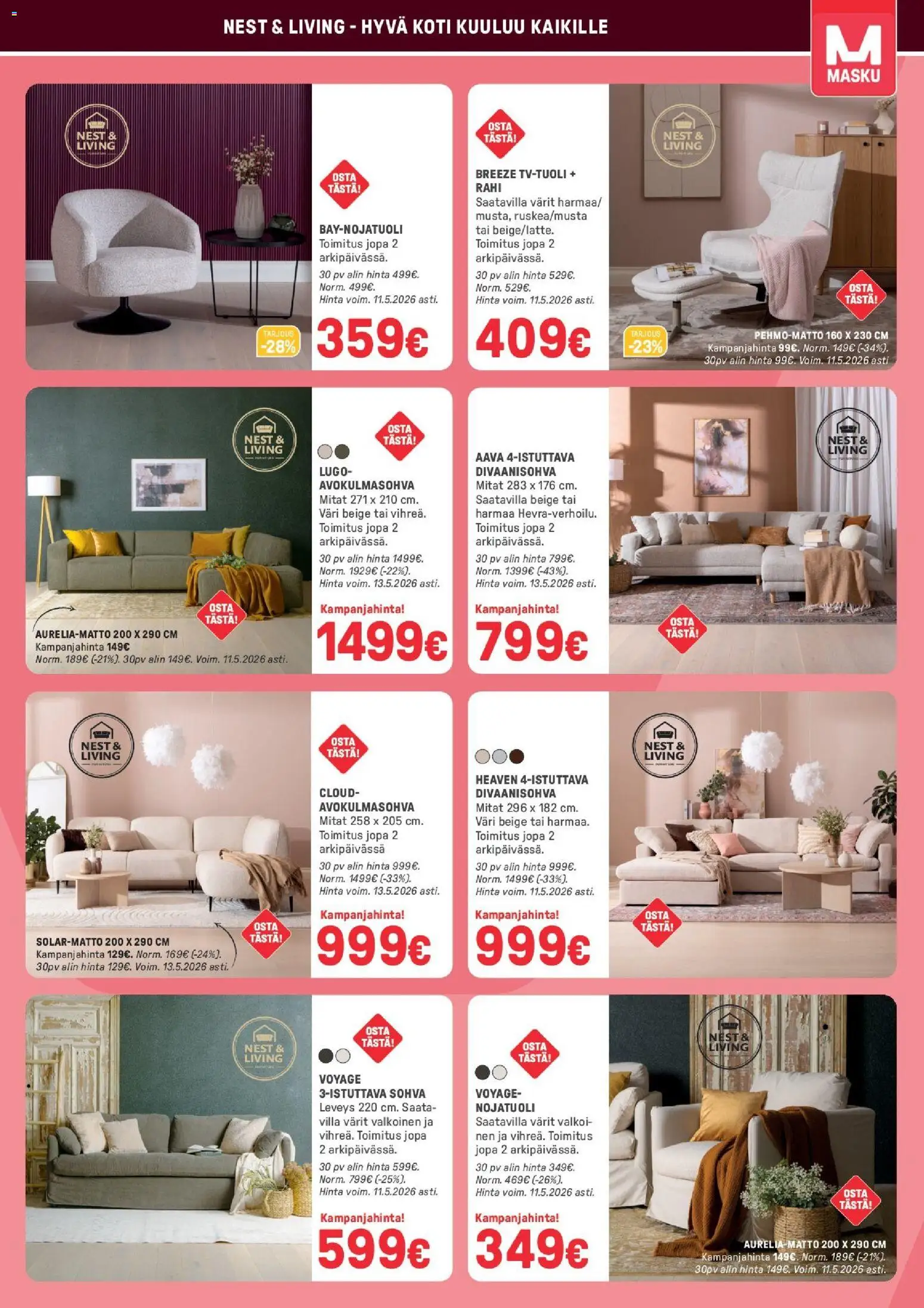 Masku tarjoukset – voimassa 28.04.2026 alkaen | Sivu: 13 | Tuotteet: Nojatuoli, Avokulmasohva, Matto, Divaanisohva