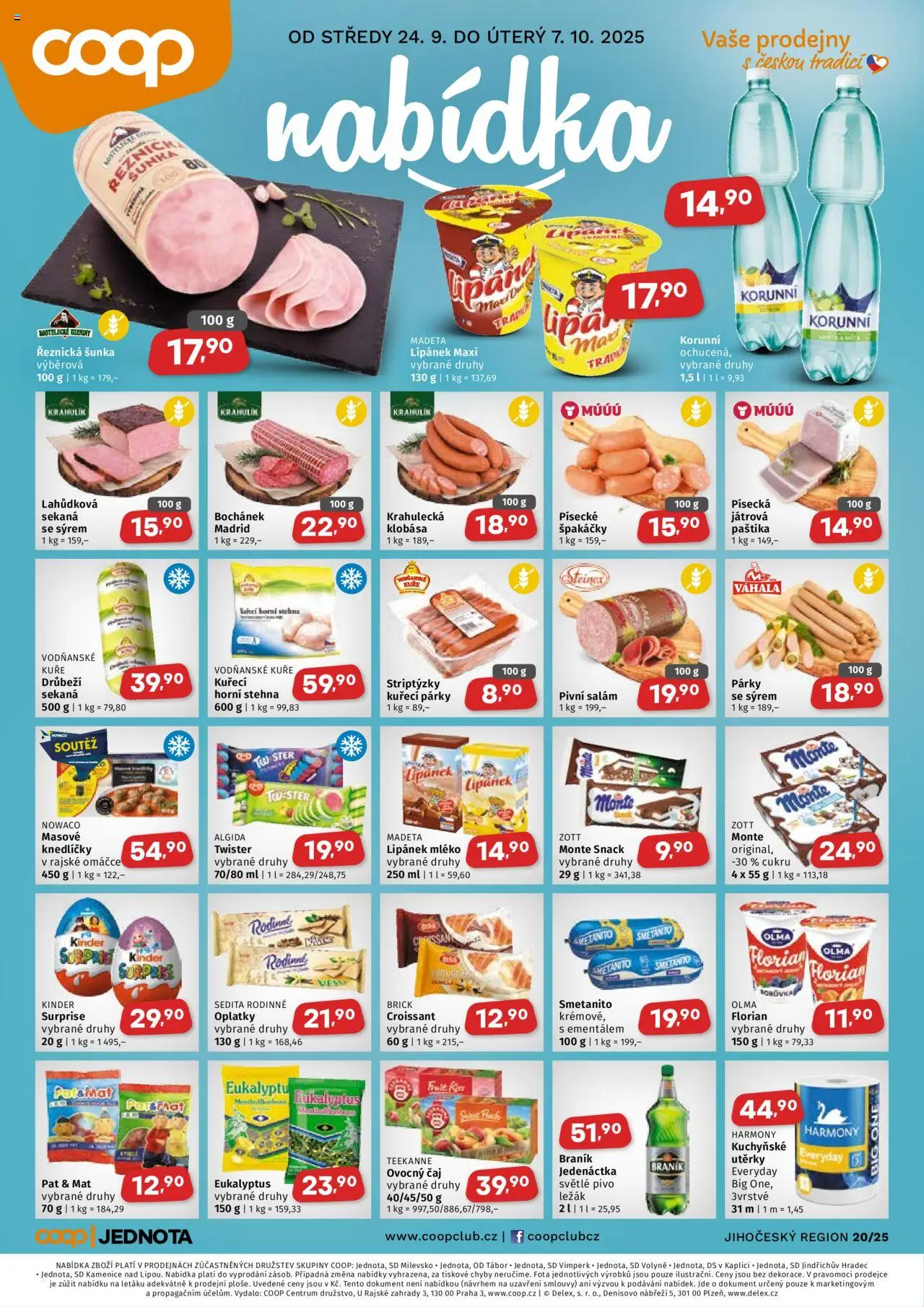 Coop leták - Jihočeský region od 24.09.2025 | Strana: 1 | Produkty: Lipánek, Čaj, Croissant, Oplatky