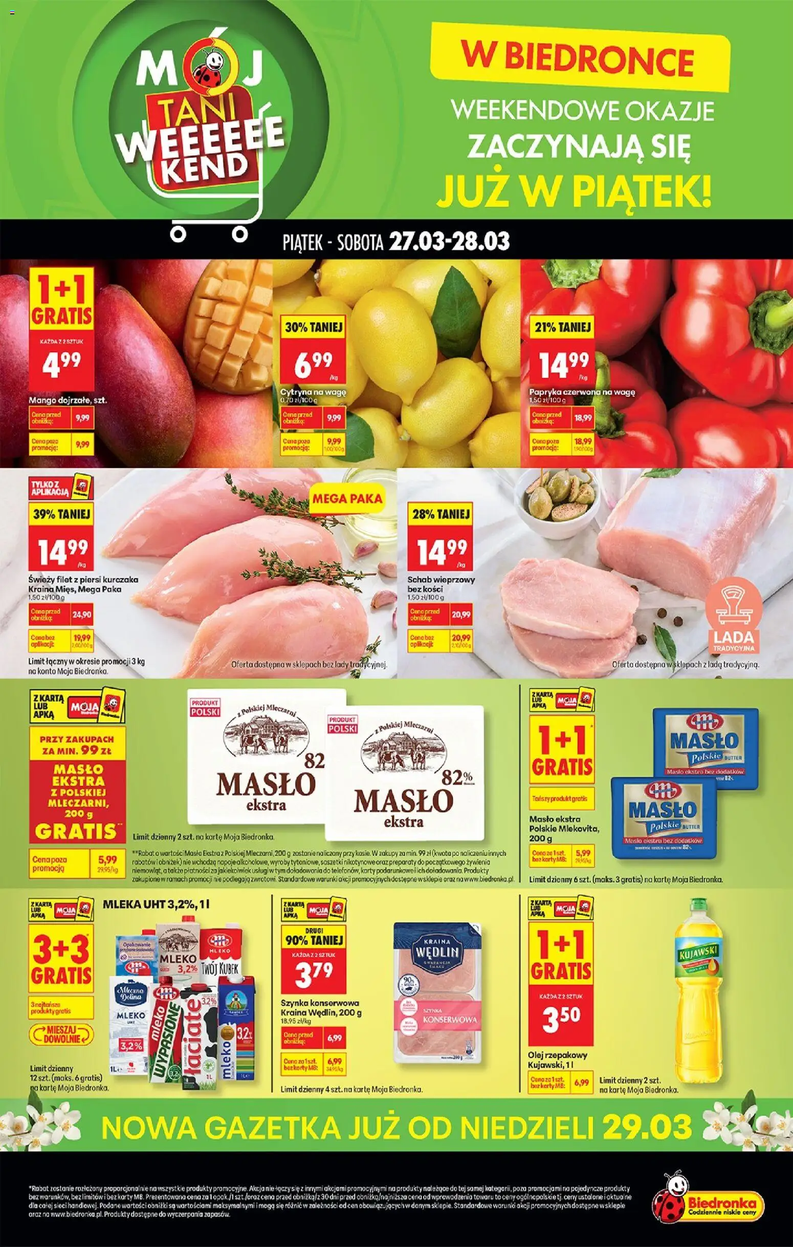 Biedronka gazetka - Tani weekend od 27.03.2026 | Strona: 1 | Produkty: Mango, Szynka, Mleko, Masło