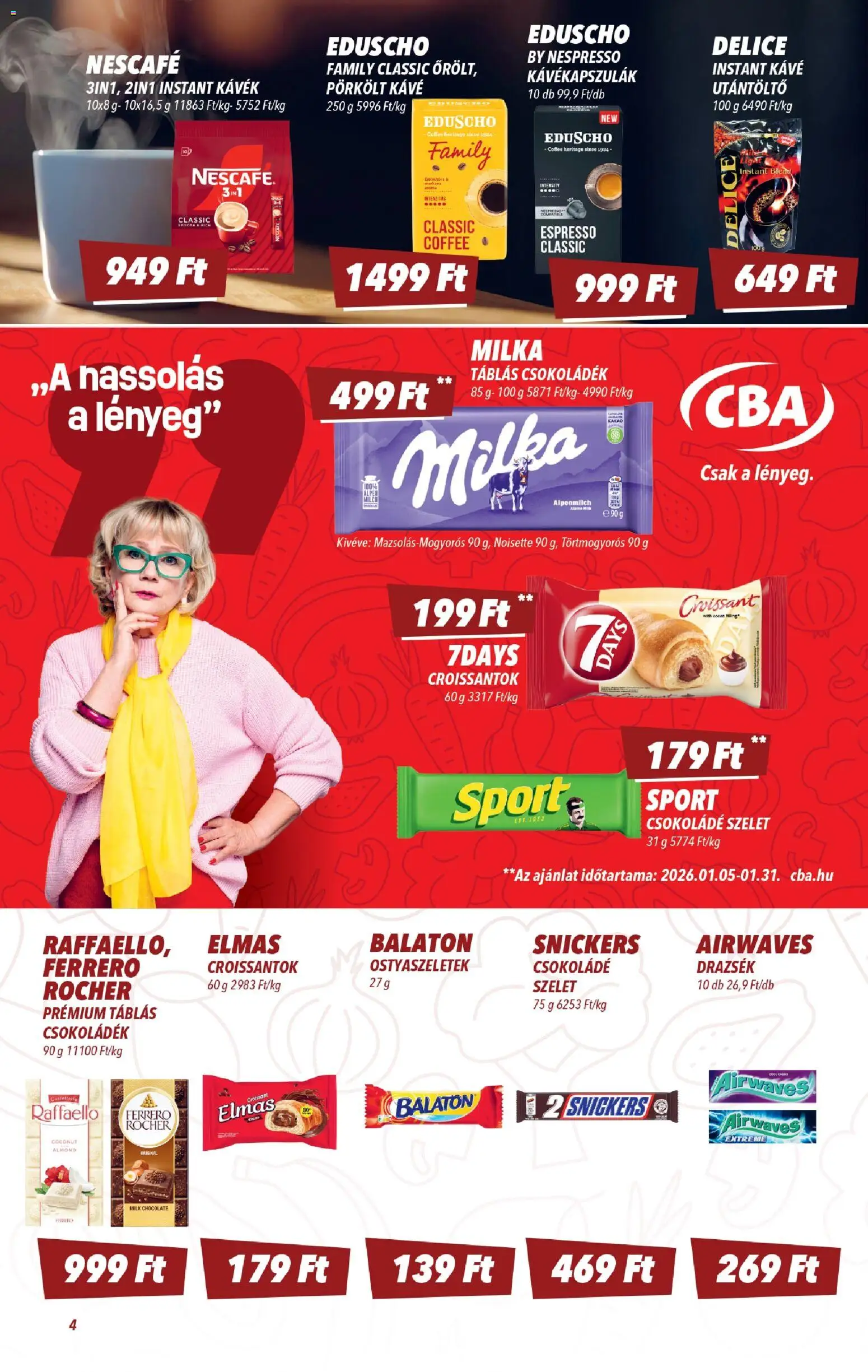 CBA akciós ujság - amely érvényes a következő dátumtól: 15.01.2026 | Oldal: 4 | Termékek: Nescafé, Snickers, Kávé, Instant kávé