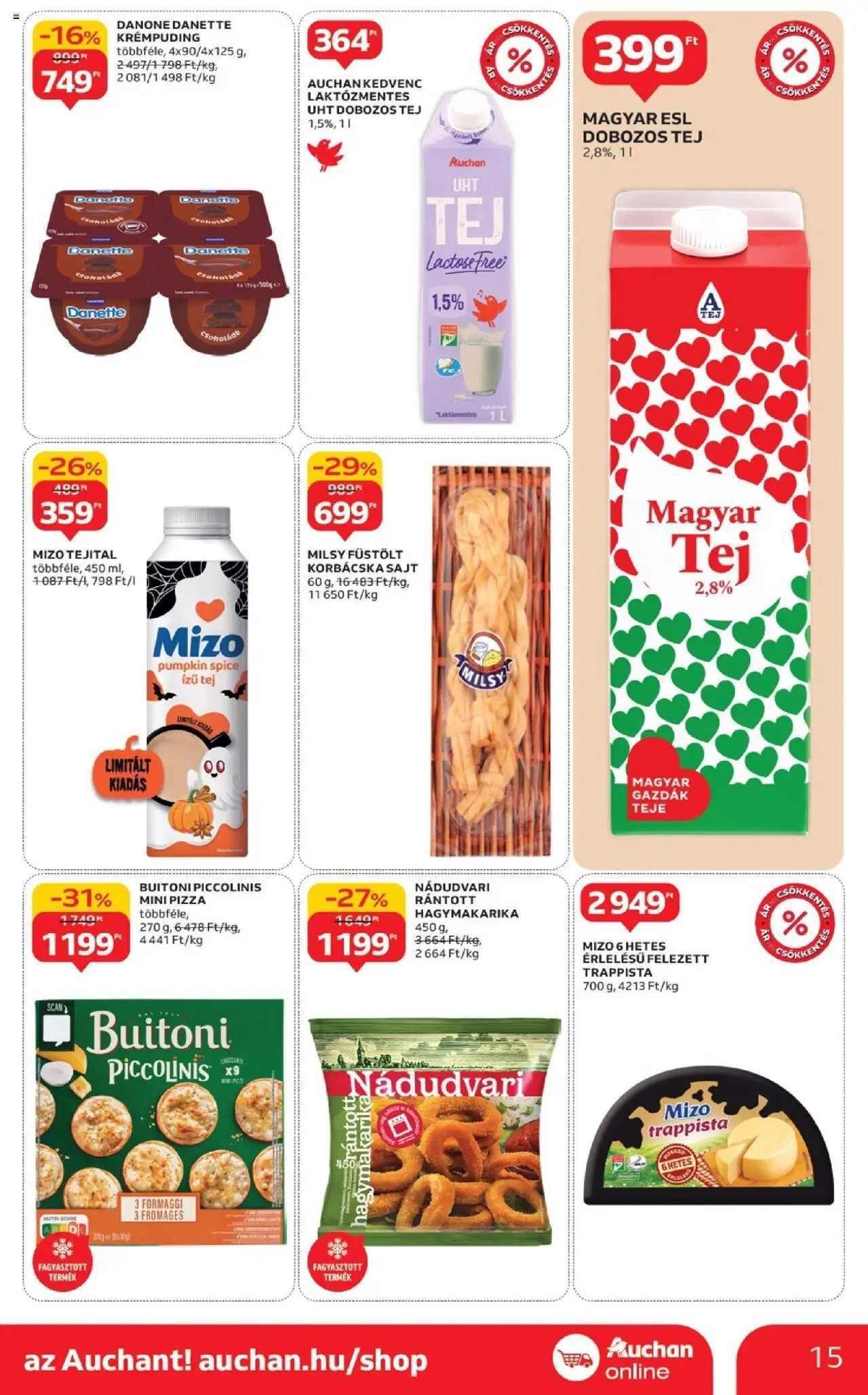 Auchan akciós ujság - amely érvényes a következő dátumtól: 02.10.2025 | Oldal: 15 | Termékek: Tej, Sajt, Pizza, Hagymakarika