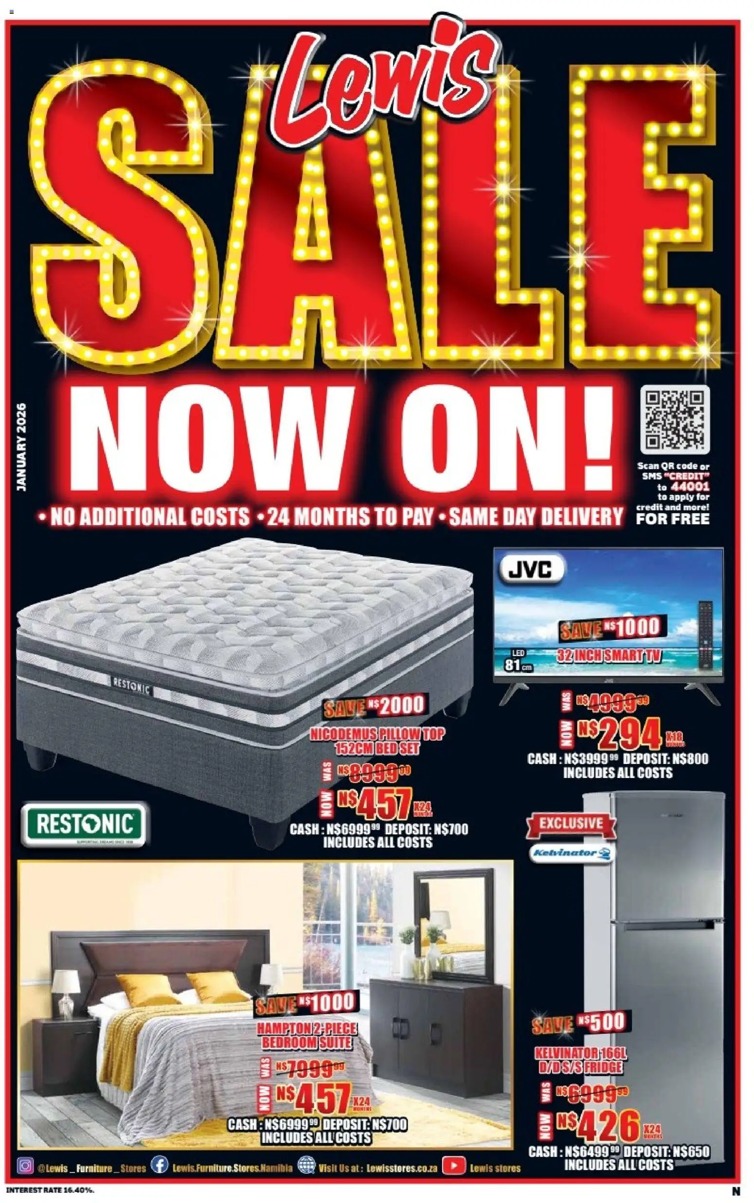 New Lewis Stores catalogue – valid from 05.01.2026 | Page: 1 | Products: Bed, Pillow, TV, Fridge