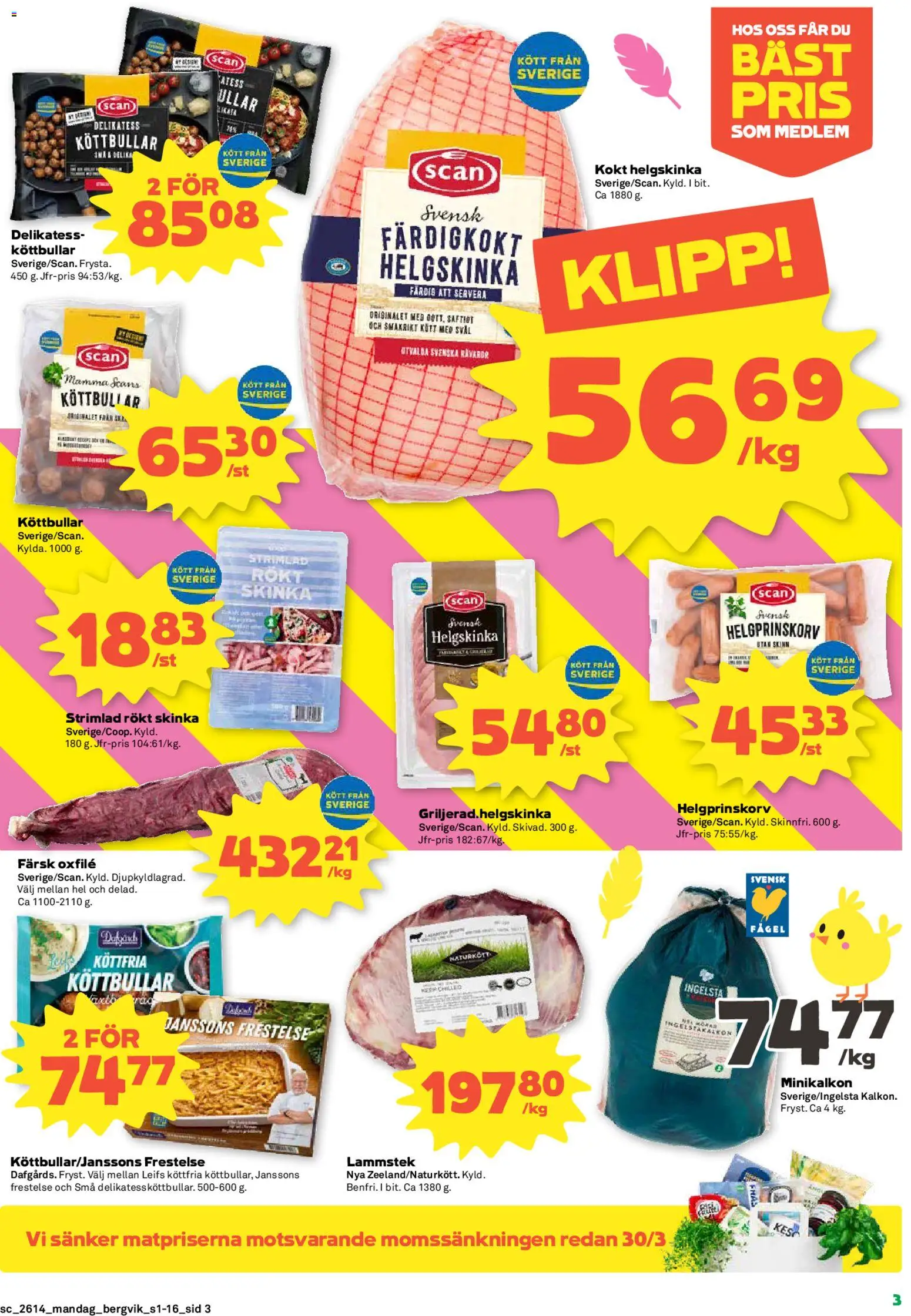Stora Coop reklamblad aktuell från 30.03.2026 | Sida: 3 | Produkter: Köttbullar, Skinka, Oxfilé