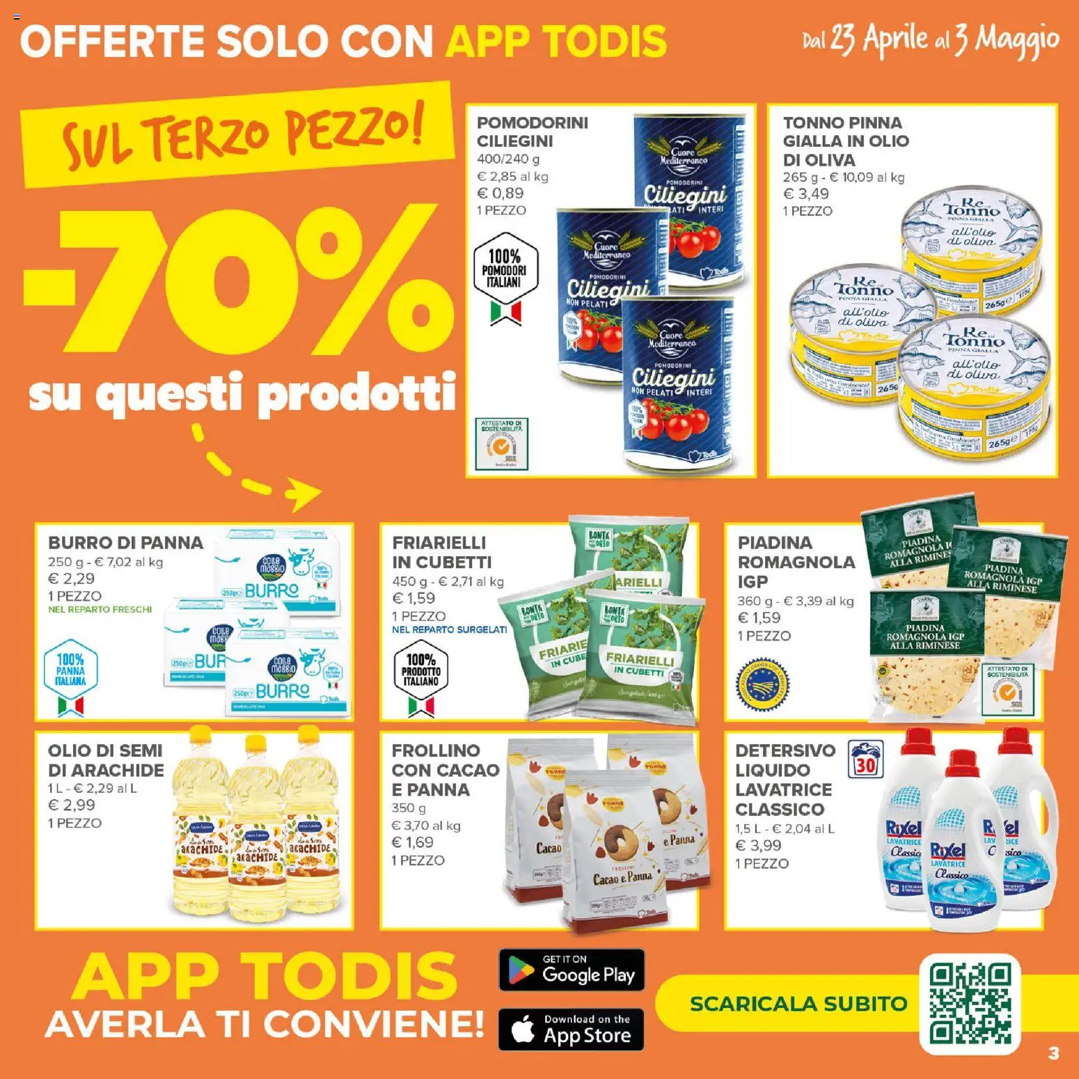 Volantino Todis del 23.04.2026 | Pagina: 3 | Prodotti: Panna, Burro, Pomodori, Piadina