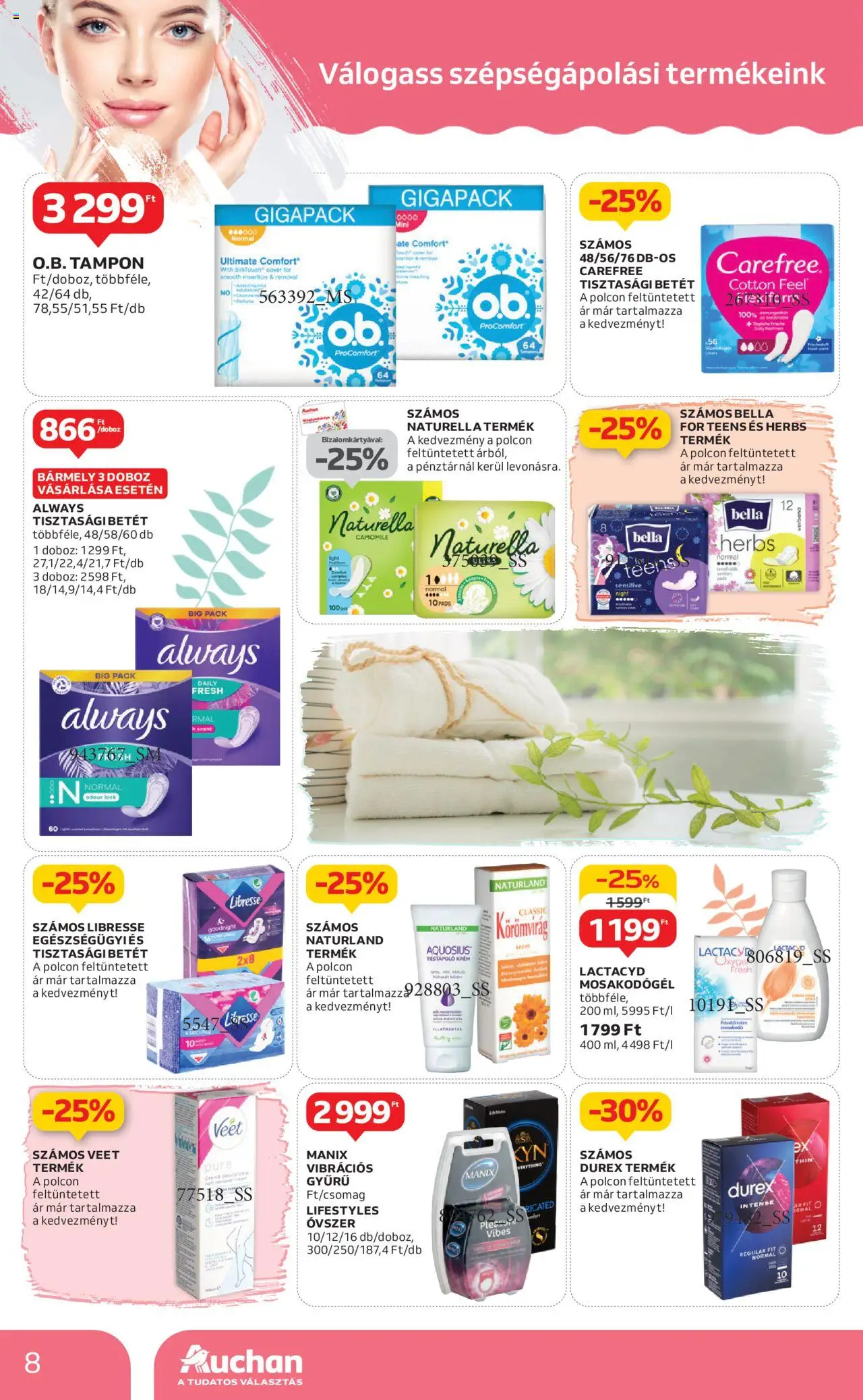 Auchan akciós ujság - amely érvényes a következő dátumtól: 22.05.2025 | Oldal: 8 | Termékek: Tisztasági betét, Óvszer, Doboz, Testápoló